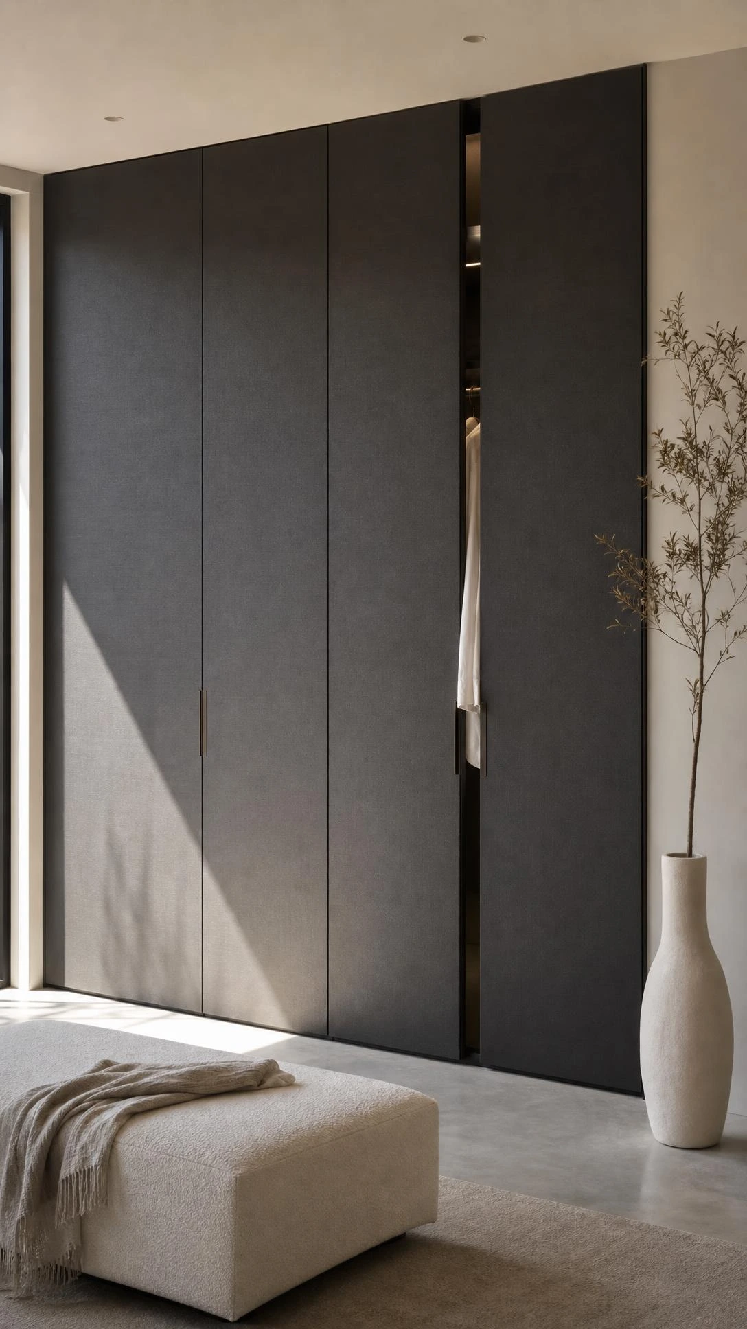 Floor-to-ceiling matte charcoal built-in wardrobe with brushed gunmetal finger-pull hardware in a minimalist modern master bedroom
