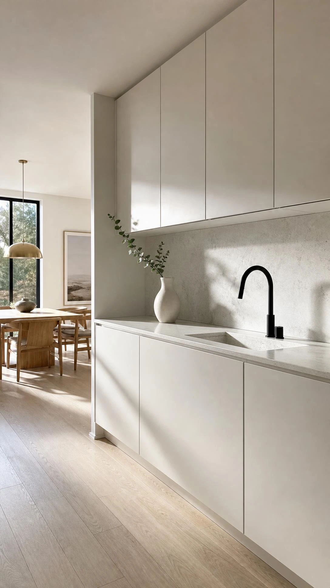 Minimalist flat-front cabinetry in warm matte white spans floor to ceiling in an open kitchen dining room, creating uninterrupted visual calm