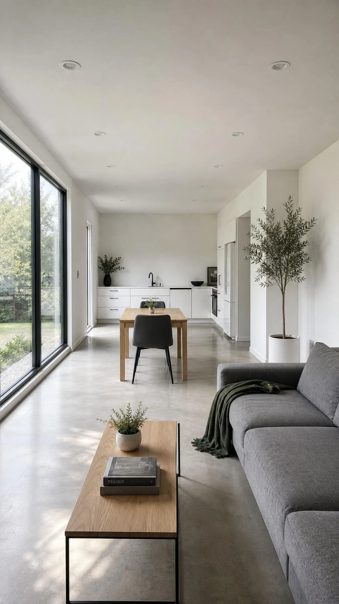 Compact single-story open-concept interior with rectangular footprint and zero bump-outs, showing how minimalist floor plans maximize every square foot for families