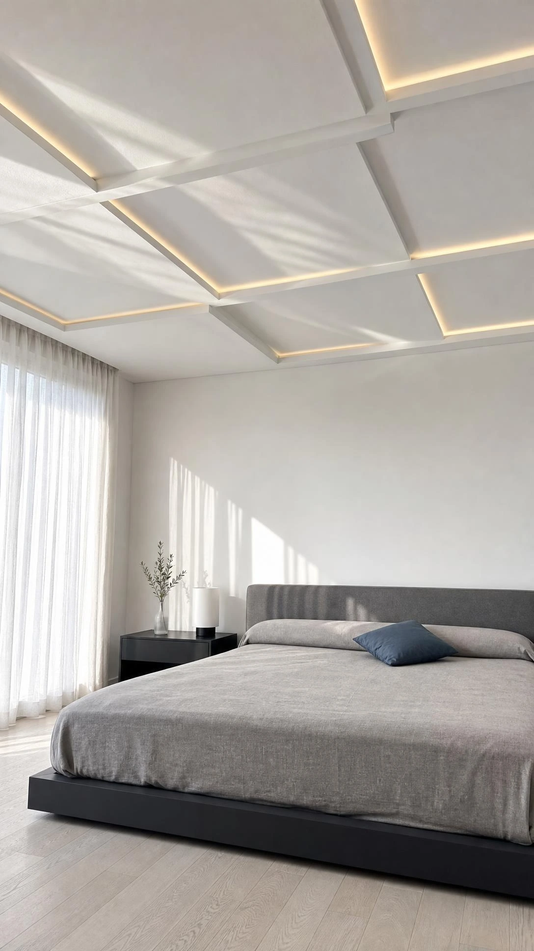 Minimalist gypsum ceiling with geometric grid recesses and integrated LED strip lighting transforming a modern bedroom into a calm, design-forward retreat