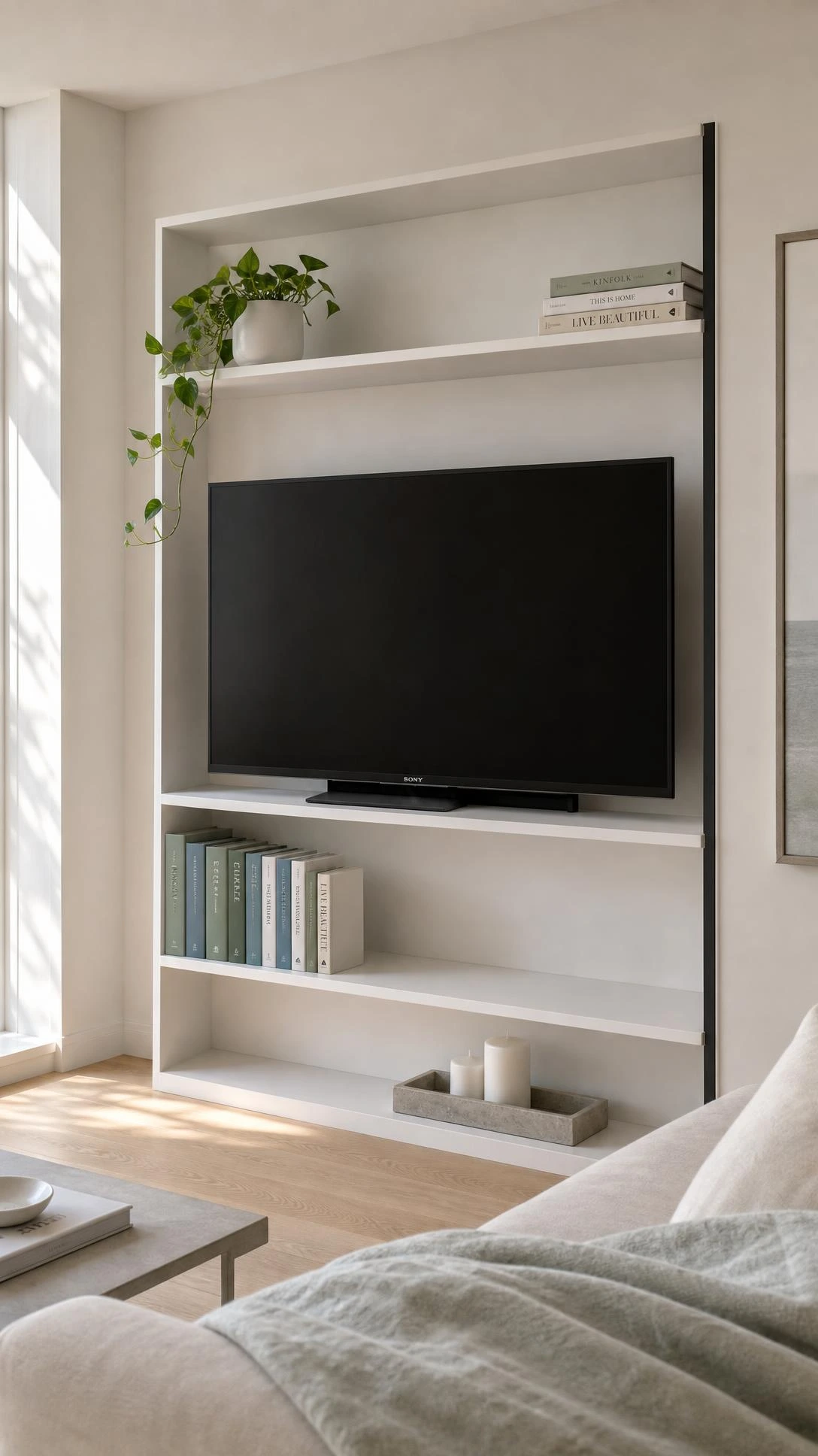 Minimalist open-shelf TV unit with flush cable channels routed into the white MDF back panel, making all wires disappear against a clean white wall