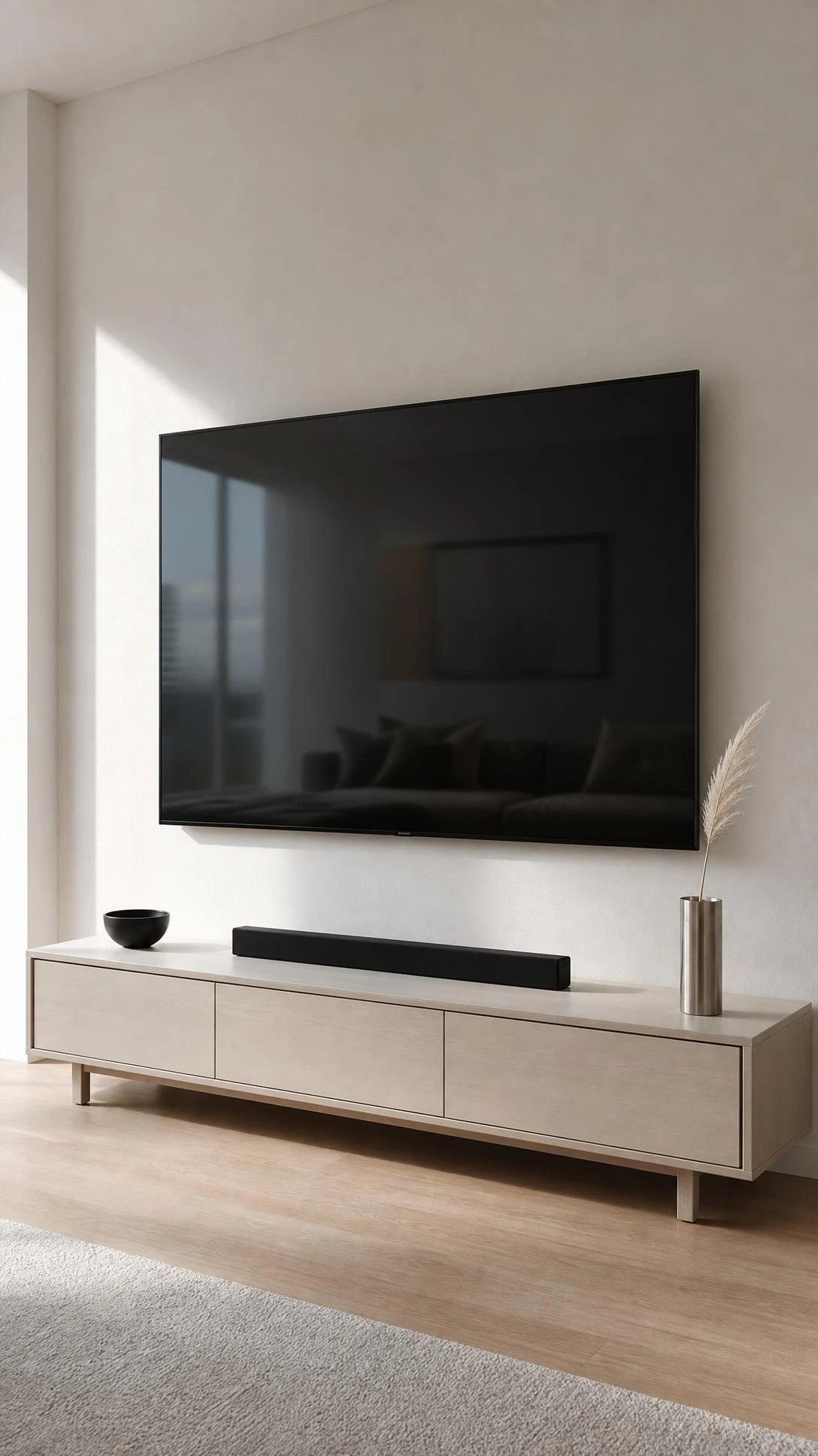 Flat-screen TV mounted flush on matte white plaster wall with zero visible cables in a minimalist TV feature wall design