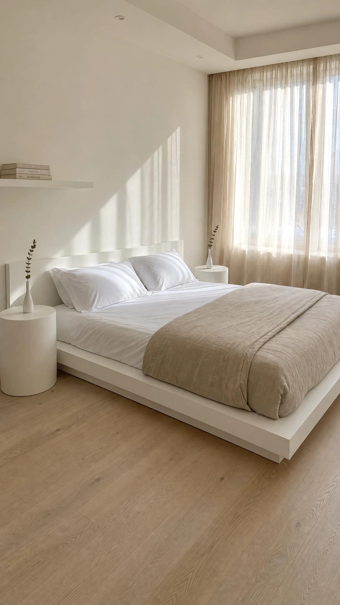 Minimalist white and beige bedroom with low-profile platform bed, crisp white percale sheets, and folded beige linen duvet bathed in soft natural window light