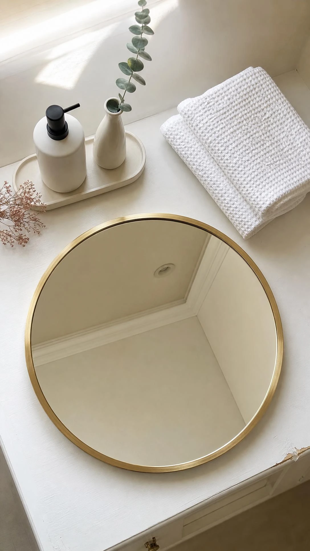 Large frameless round mirror with brushed gold rim styled on a white wood vanity in a compact under-stair bathroom