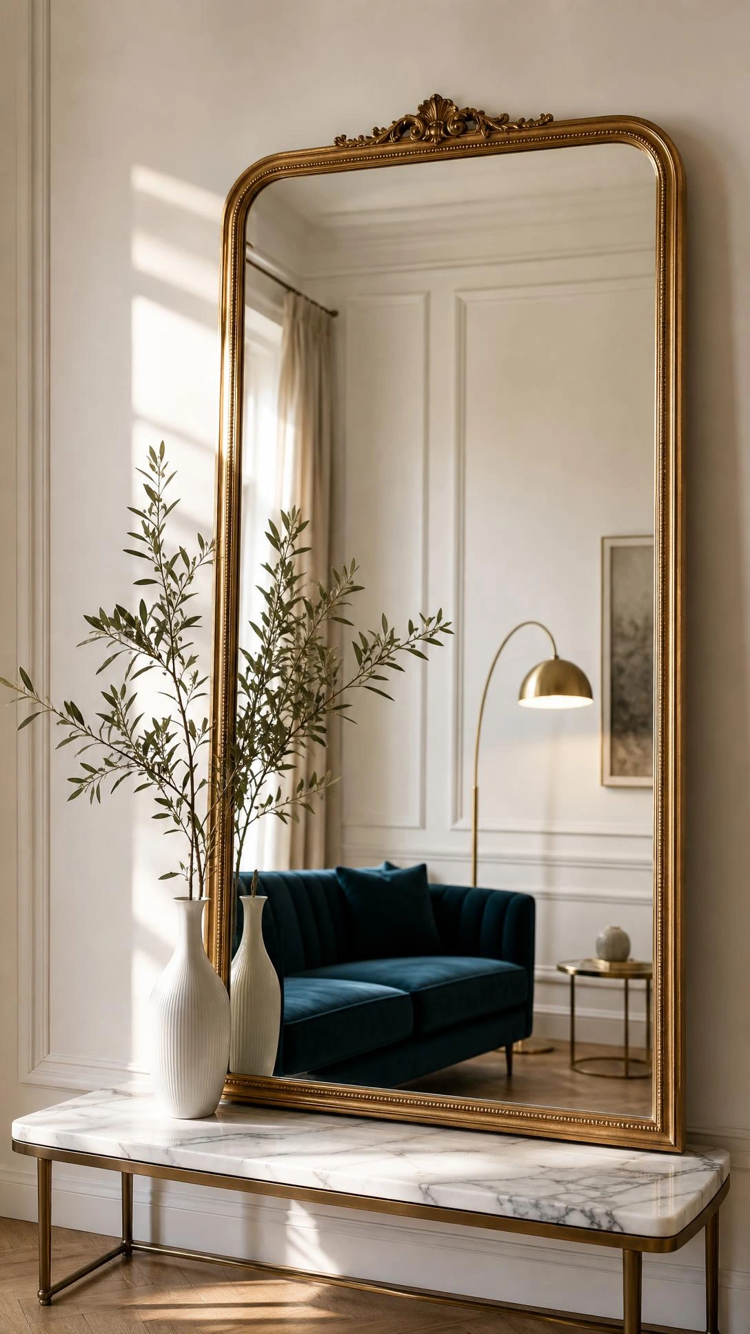 Large ornate brushed gold framed mirror leaning against white wall in small formal living room, reflecting teal velvet sofa to visually expand the space