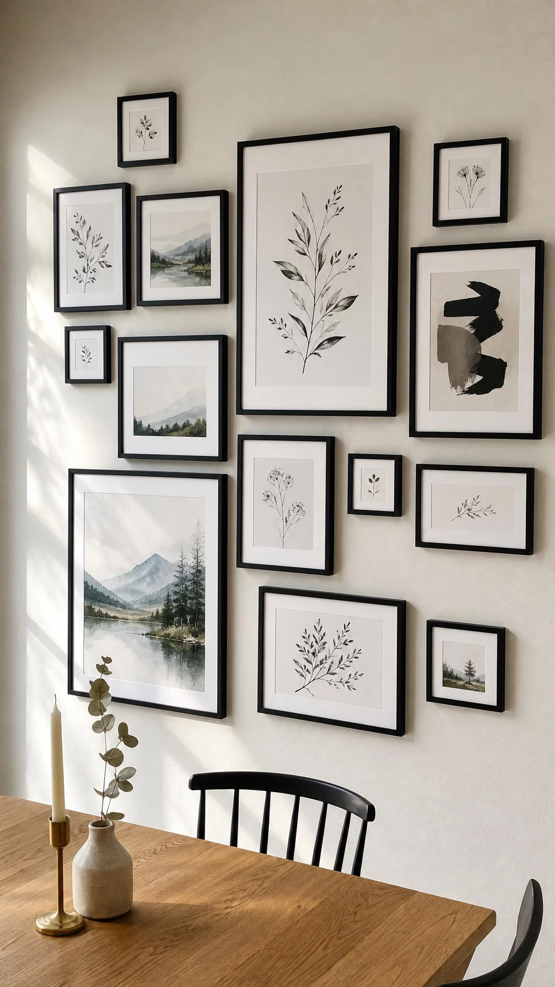 Matte black mixed-size frames with white mat borders arranged on a warm white dining room wall, showing how varied proportions create cohesive gallery wall balance