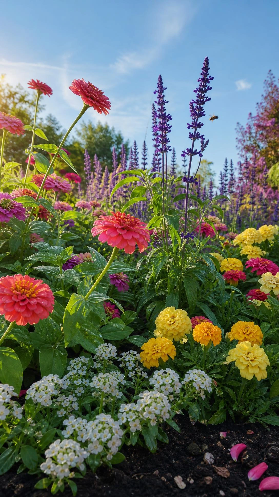 Low-angle view through a densely layered flower garden where annuals and perennials mix, with bold blooms filling the foreground and tall stems reaching toward a soft blue sky