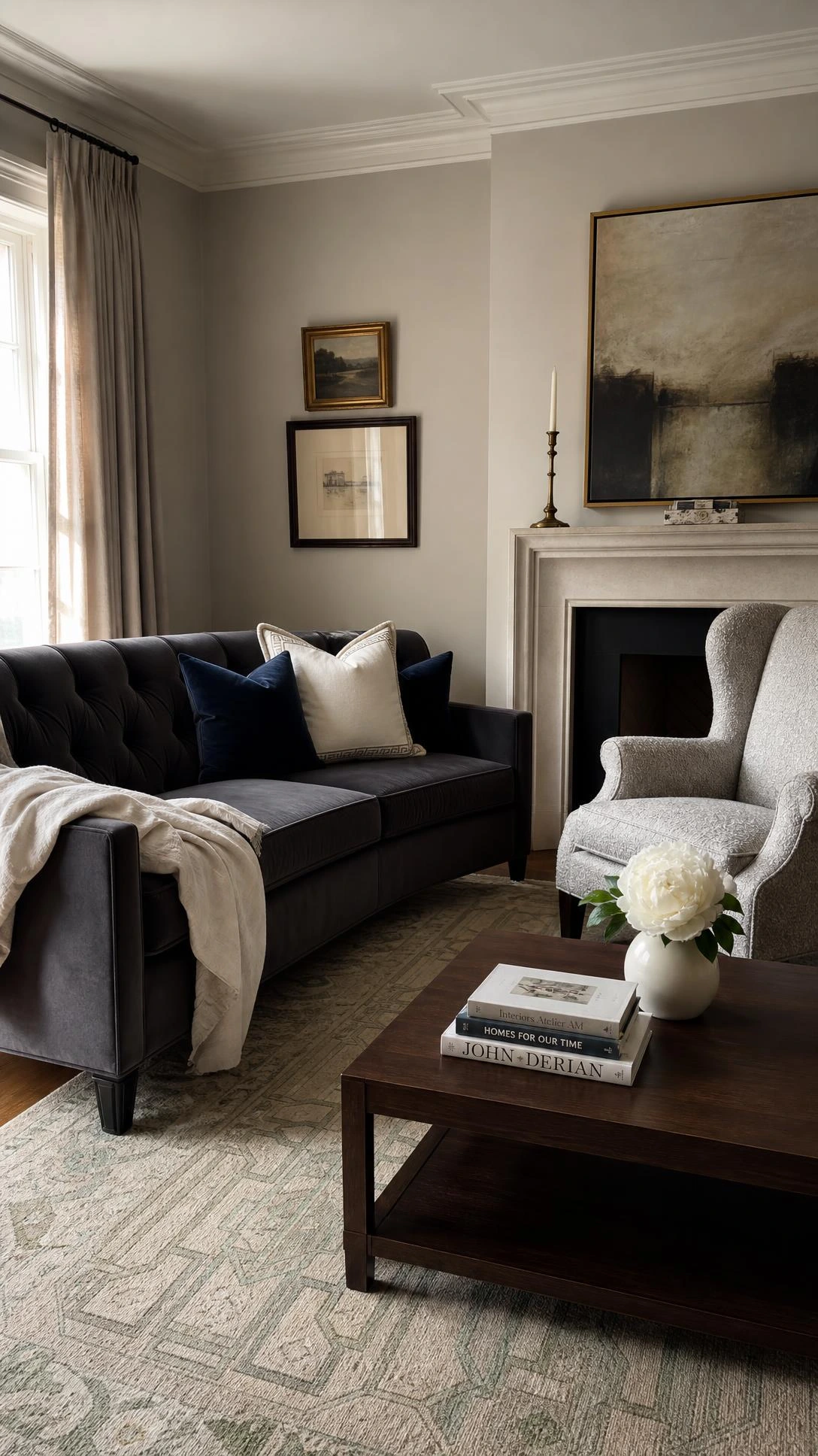 Small formal living room with charcoal velvet tufted sofa layered with casual throw pillows, blending elegant and relaxed elements intentionally