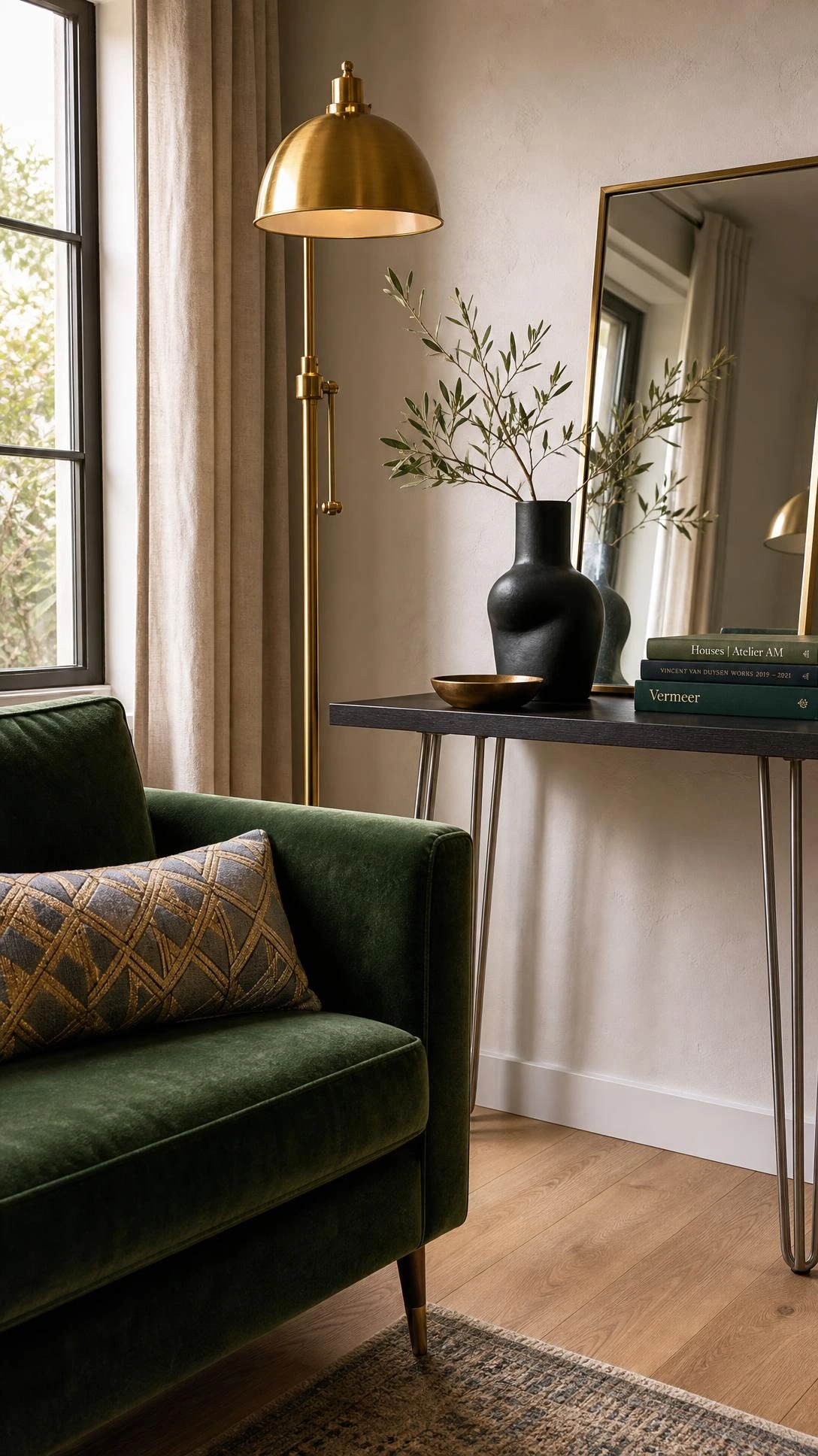 Drawing room corner styled with mixed metal finishes — polished brass floor lamp beside matte black and brushed nickel accents in a warm, non-mansion living space