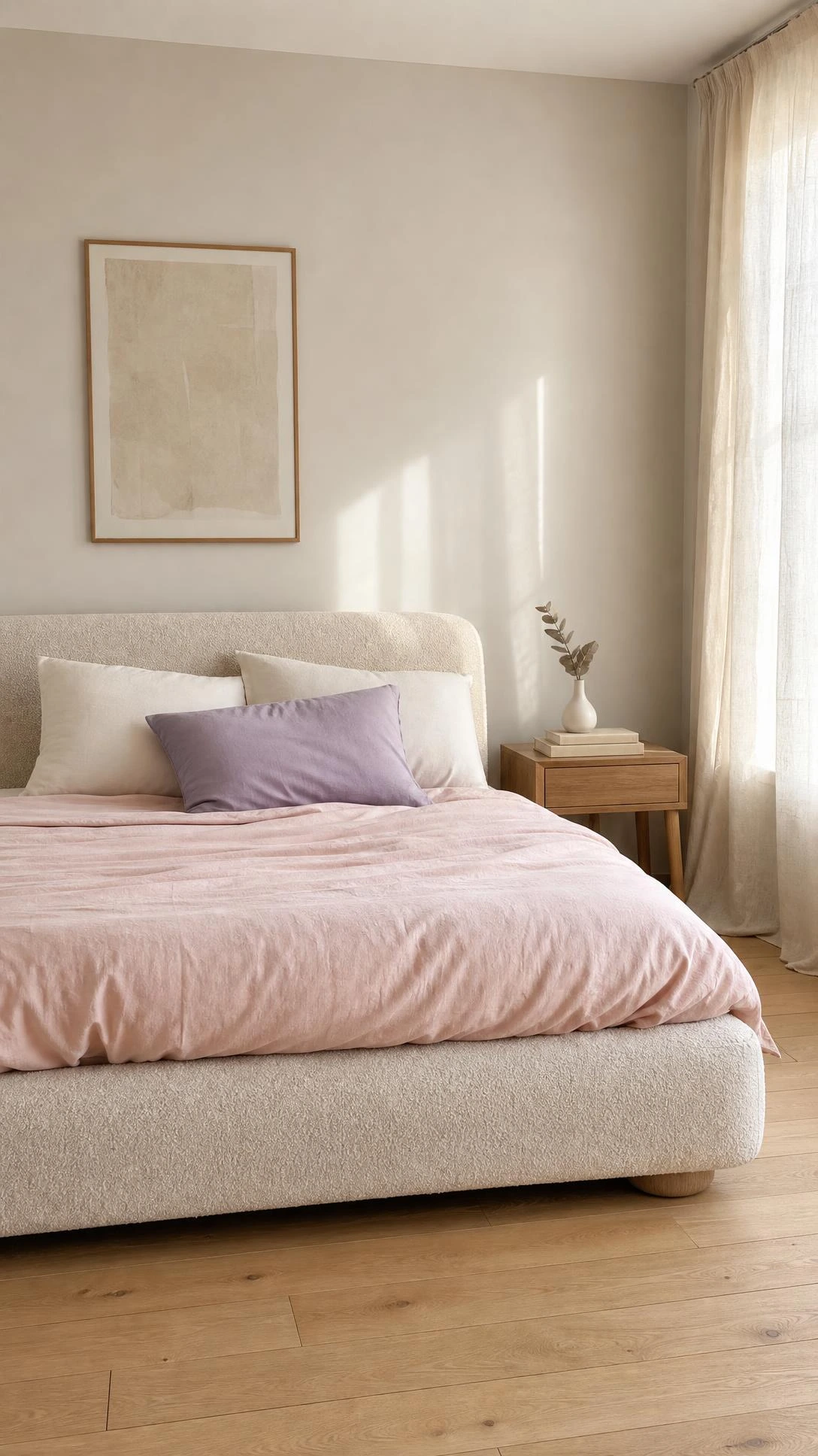 Blush pink, lavender, and mint accents balanced by warm off-white linen and greige walls in a pastel room aesthetic bedroom