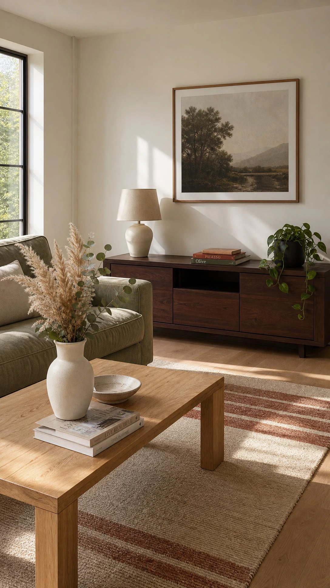 Living room showcasing mixed wood tones — a light oak coffee table in front paired with a dark walnut media console, proving contrasting woods can feel intentional and cohesive