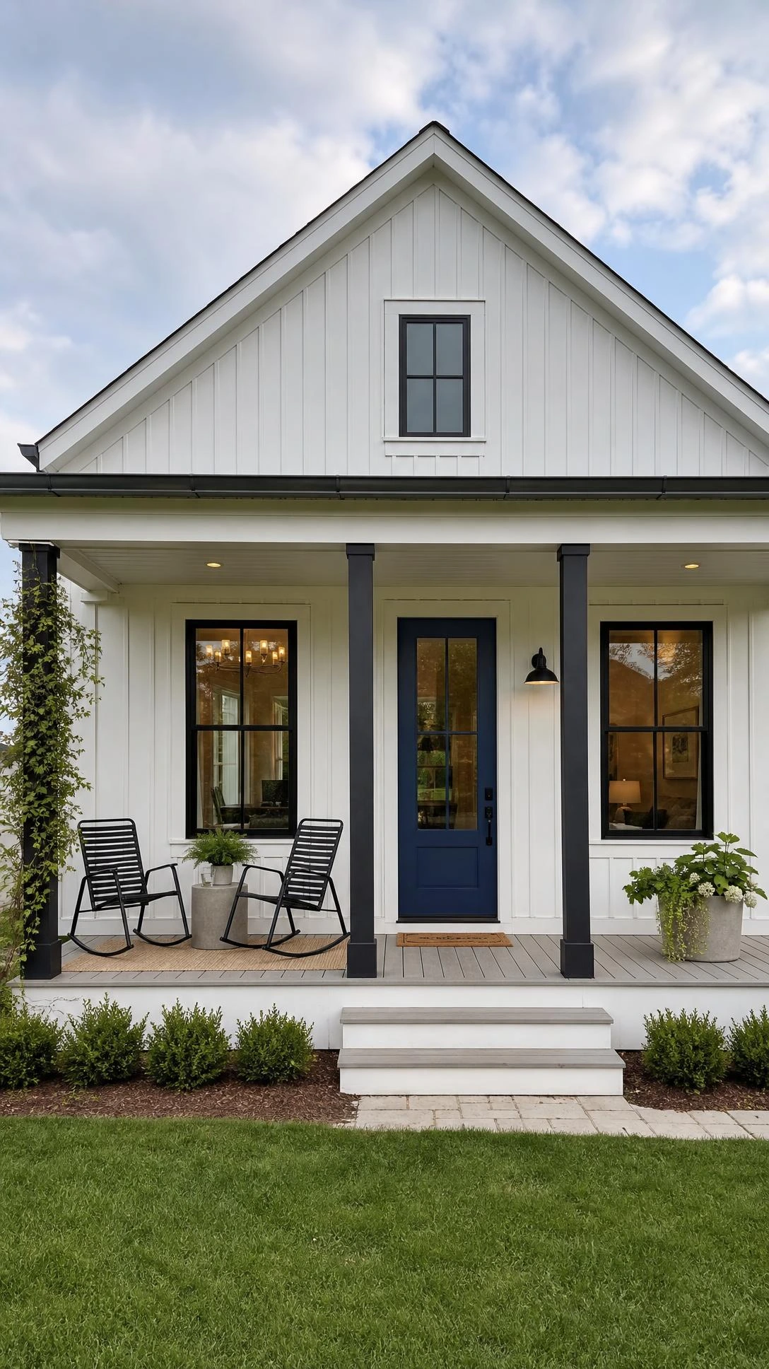 Small modern farmhouse house plan with white board-and-batten siding, front porch, and open lawn — proving compact family homes skip nothing essential