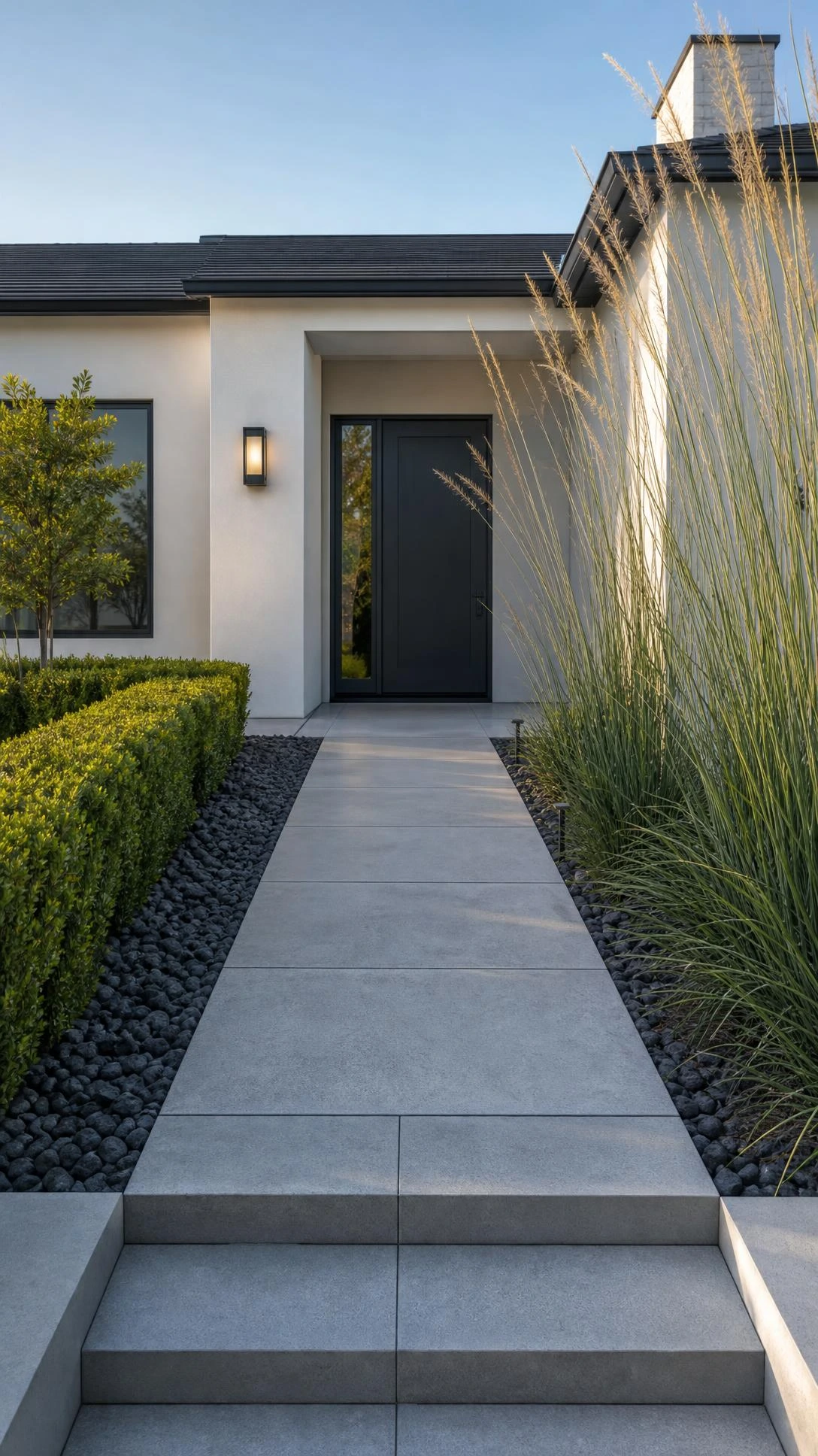 Large-format 24x24 concrete pavers forming a clean linear front walkway in cool gray, leading directly to a modern home's front door in afternoon light
