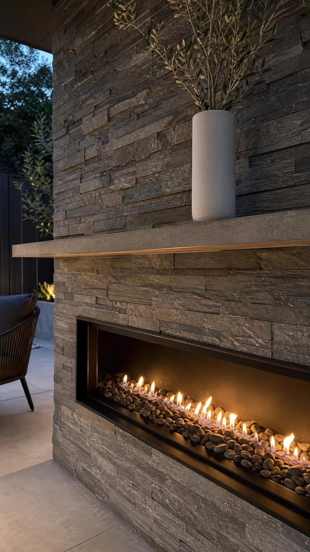Modern linear gas fireplace with full-height stacked ledger stone facade, warm amber flames glowing through long rectangular opening against cool grey stone