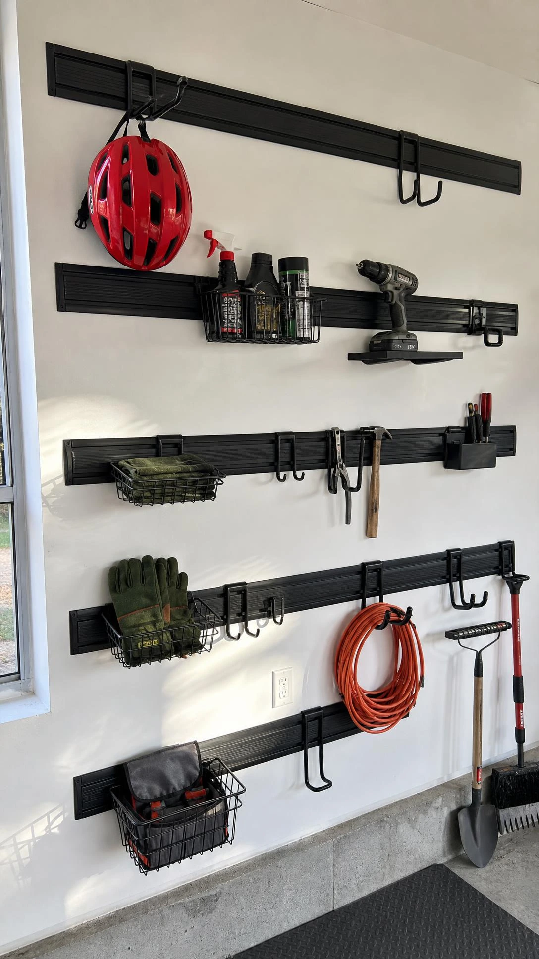 Matte black modular rail storage system with hooks, wire baskets, and bins mounted floor-to-ceiling on a white garage wall, maximizing every inch of vertical space
