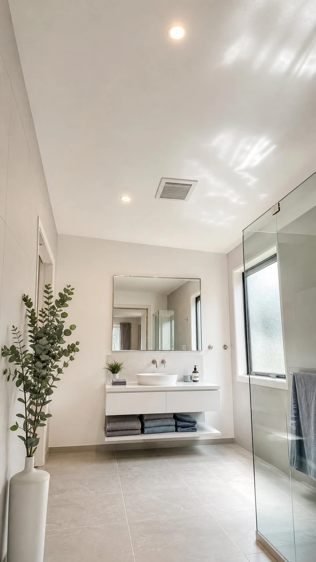 Moisture-resistant gypsum ceiling in a modern ensuite bathroom with recessed lighting, showing a smooth white sealed surface built to handle steam and humidity