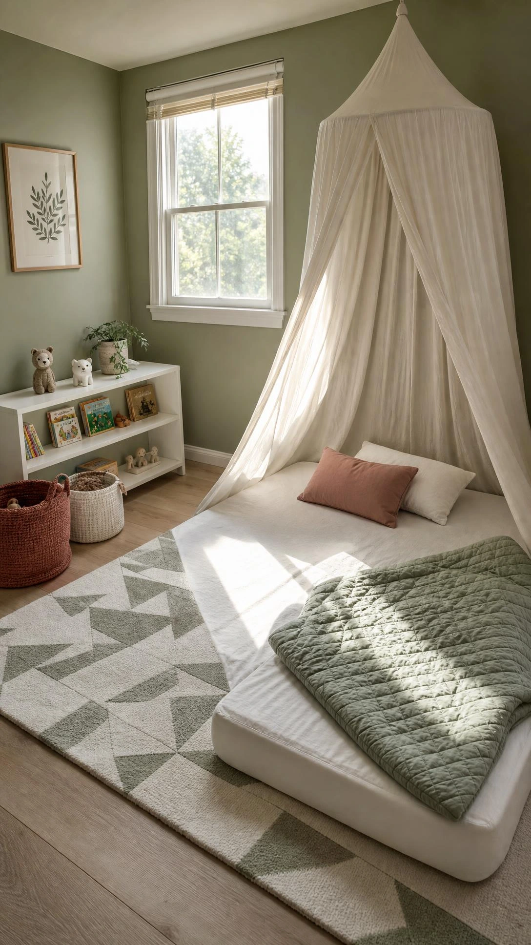 Low Montessori floor bed with white cotton sheets and sage green duvet in a small toddler bedroom, showing how floor-level sleeping saves space