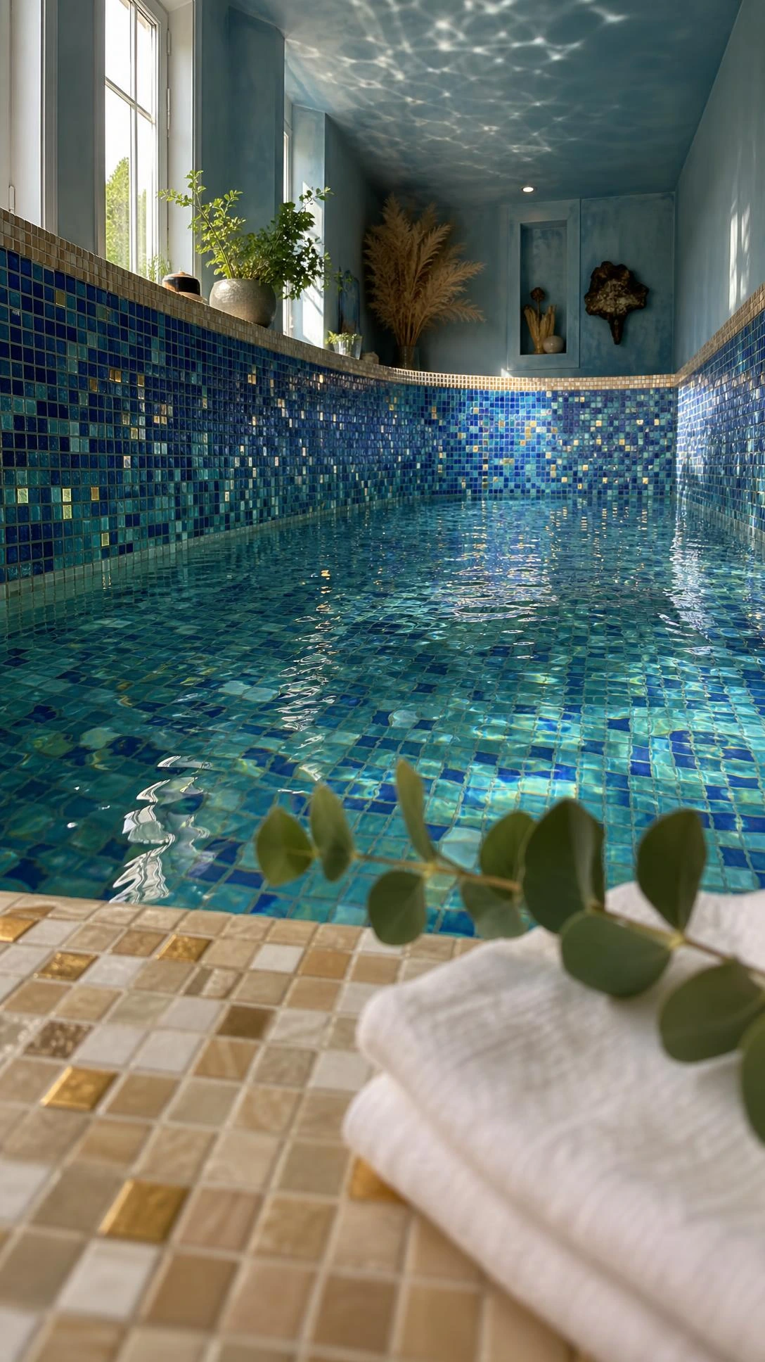 Small indoor pool with hand-laid cobalt blue, turquoise, and teal mosaic tiles photographed at waterline, showing how budget mosaic tile transforms a compact pool into something stunning