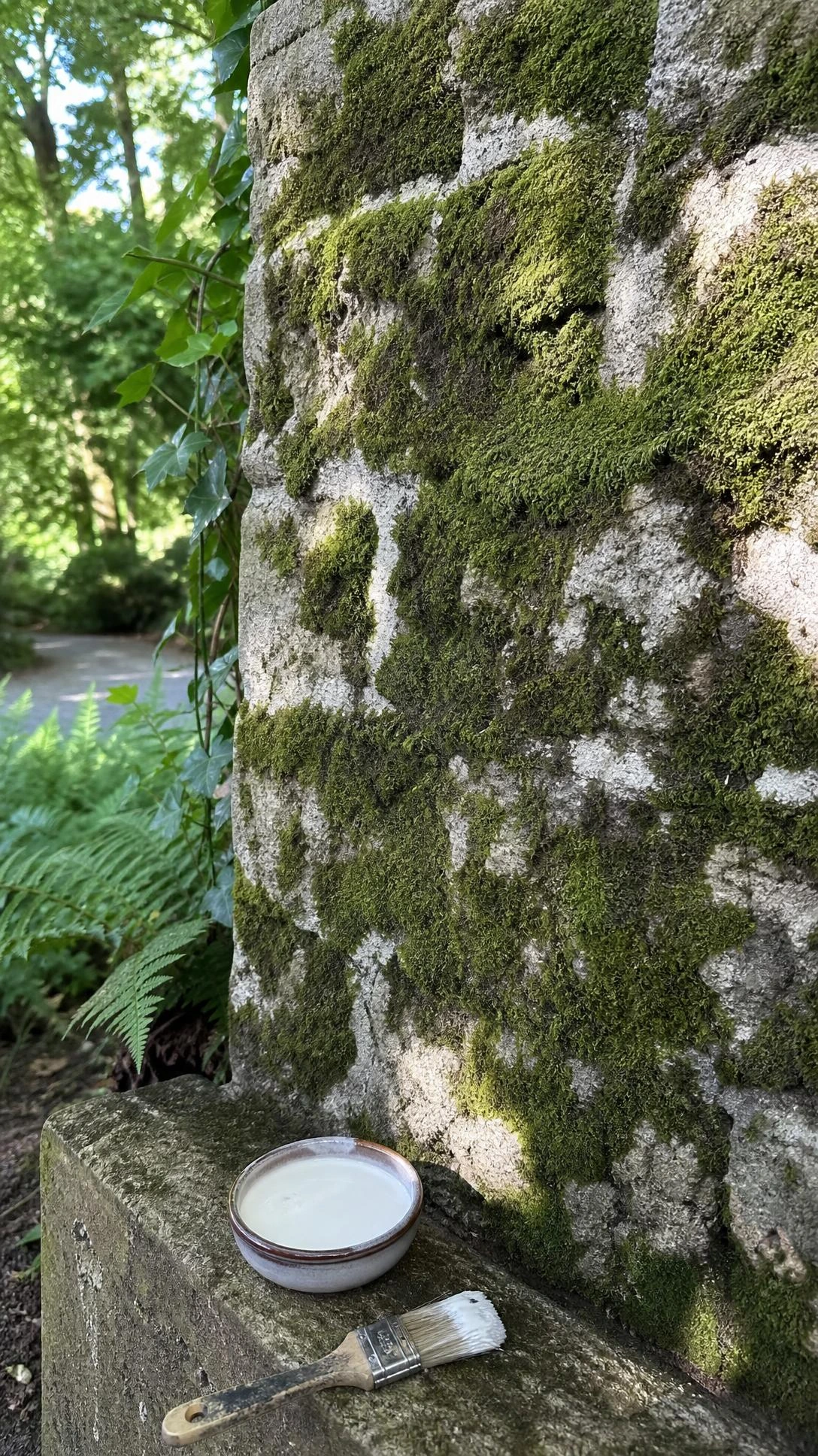 Lush emerald moss growing in thick velvety patches across a pale gray stone wall, with a ceramic bowl of buttermilk resting on a weathered ledge below, showing the buttermilk moss method in action