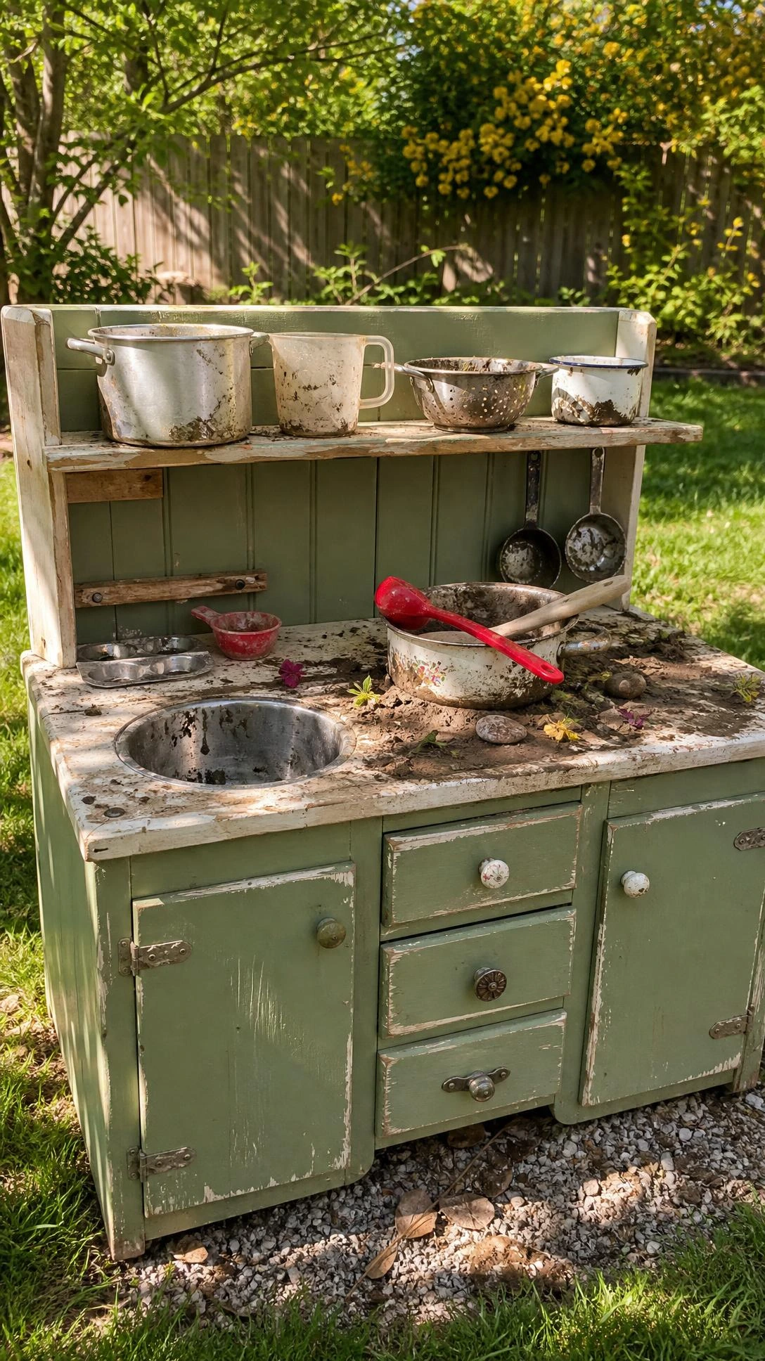 DIY mud kitchen made from repurposed sage green painted cabinets with chipped edges, set on a grassy backyard lawn — a creative kids outdoor play idea