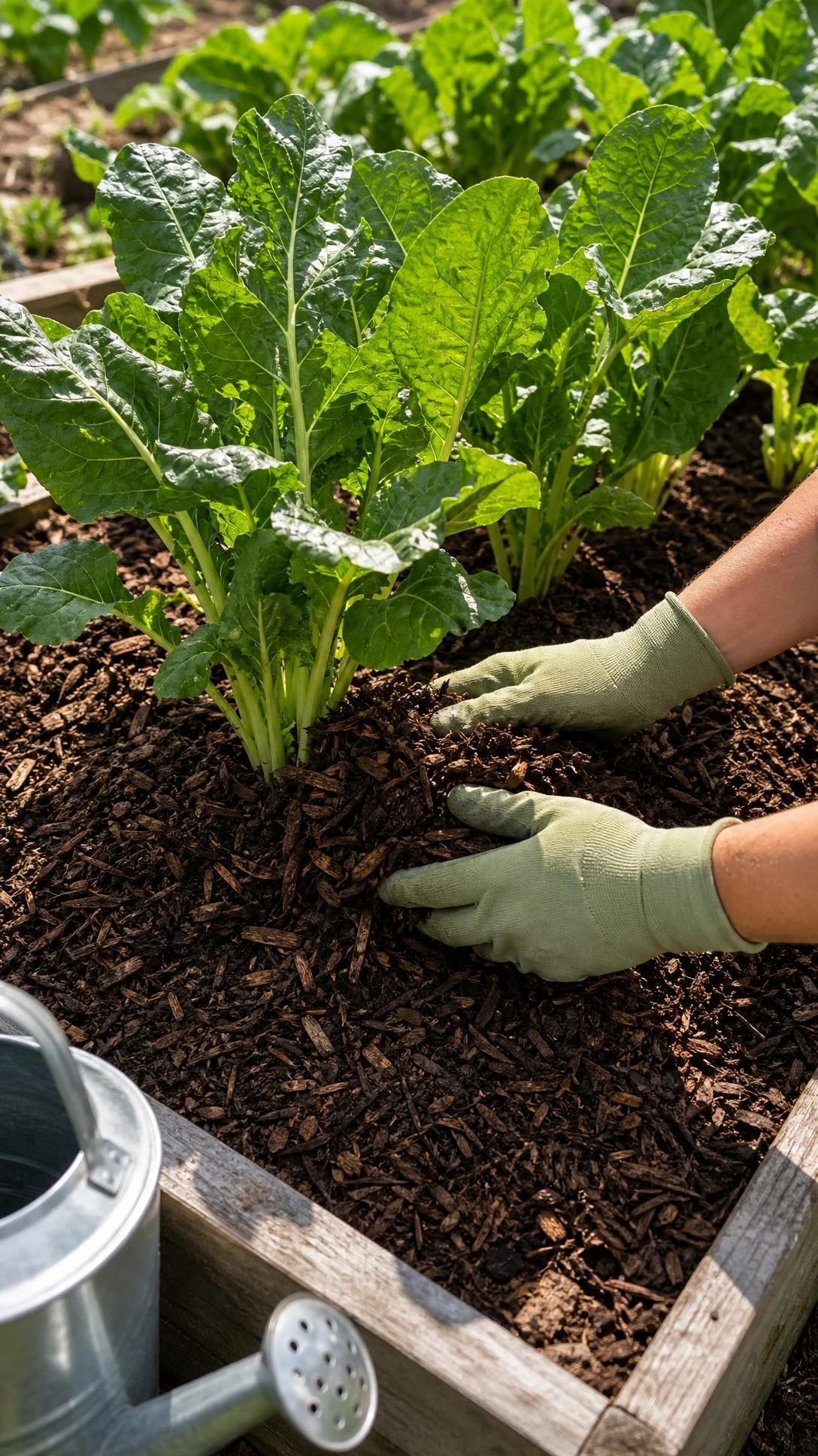 Thick dark brown wood chip mulch spread generously around green vegetable plants in a raised garden bed, locking moisture into rich soil on a bright morning
