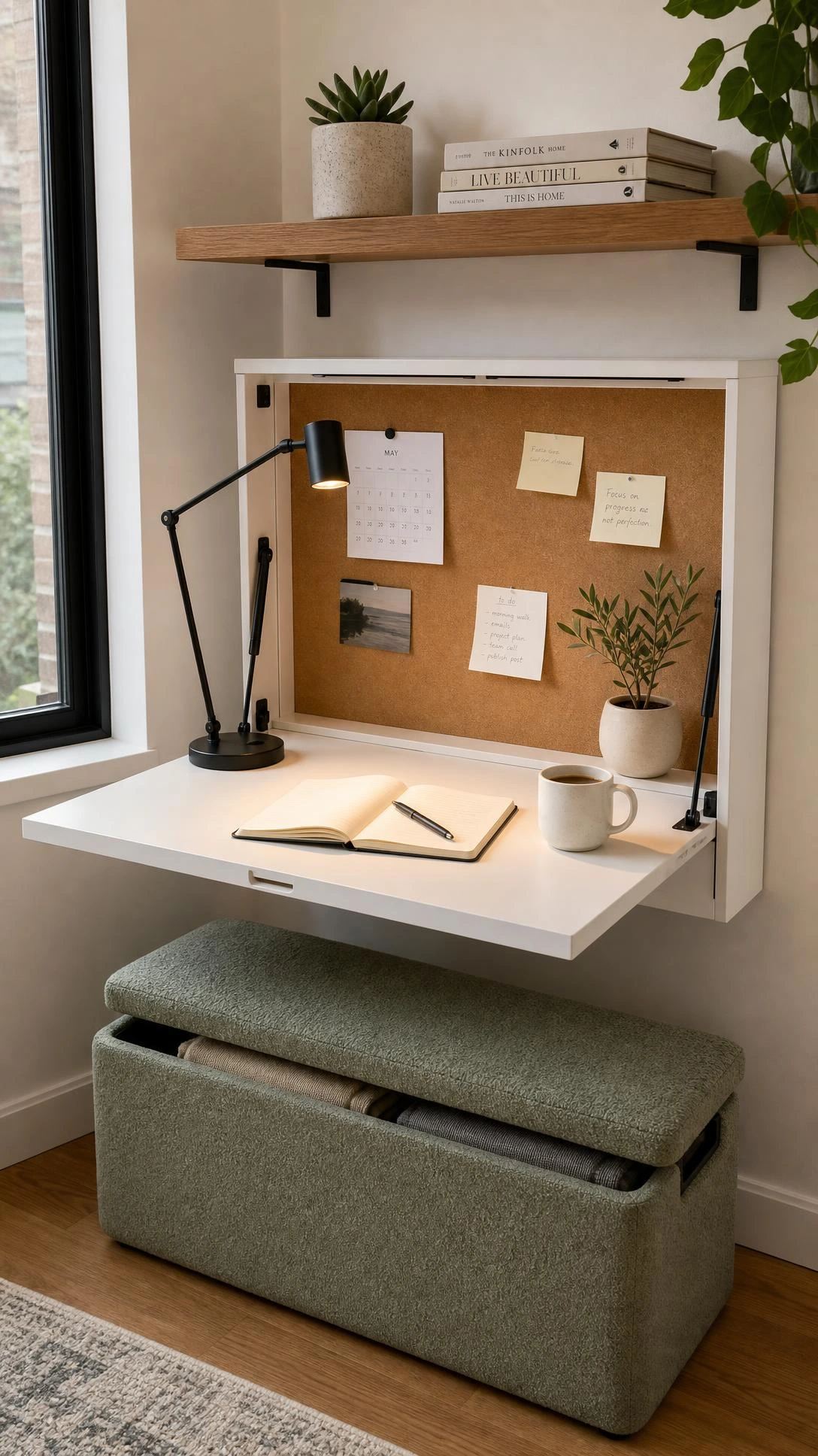 Convertible fold-down desk mounted on white wall in a compact home office corner, open and styled as a functional small-space workspace in warm natural light