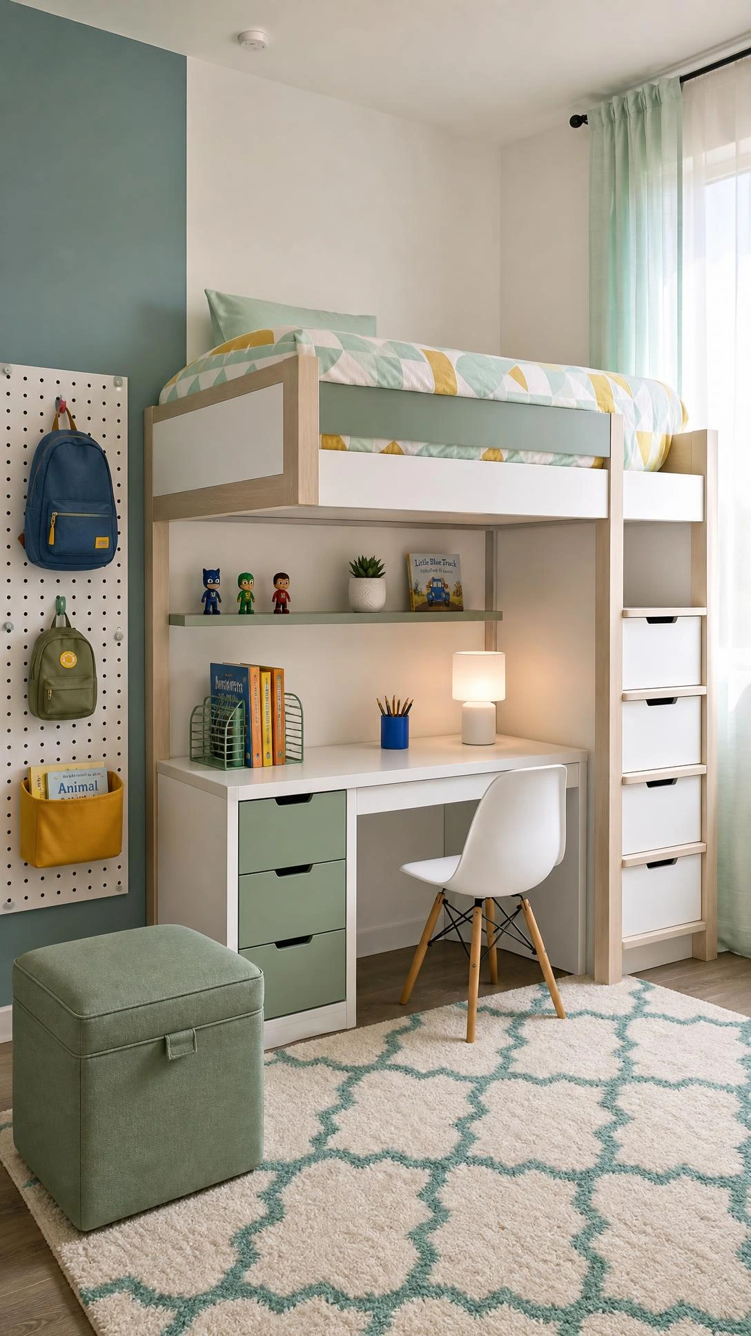 Compact white and sage green toddler loft bed with built-in desk underneath, maximizing vertical space in a small modern bedroom