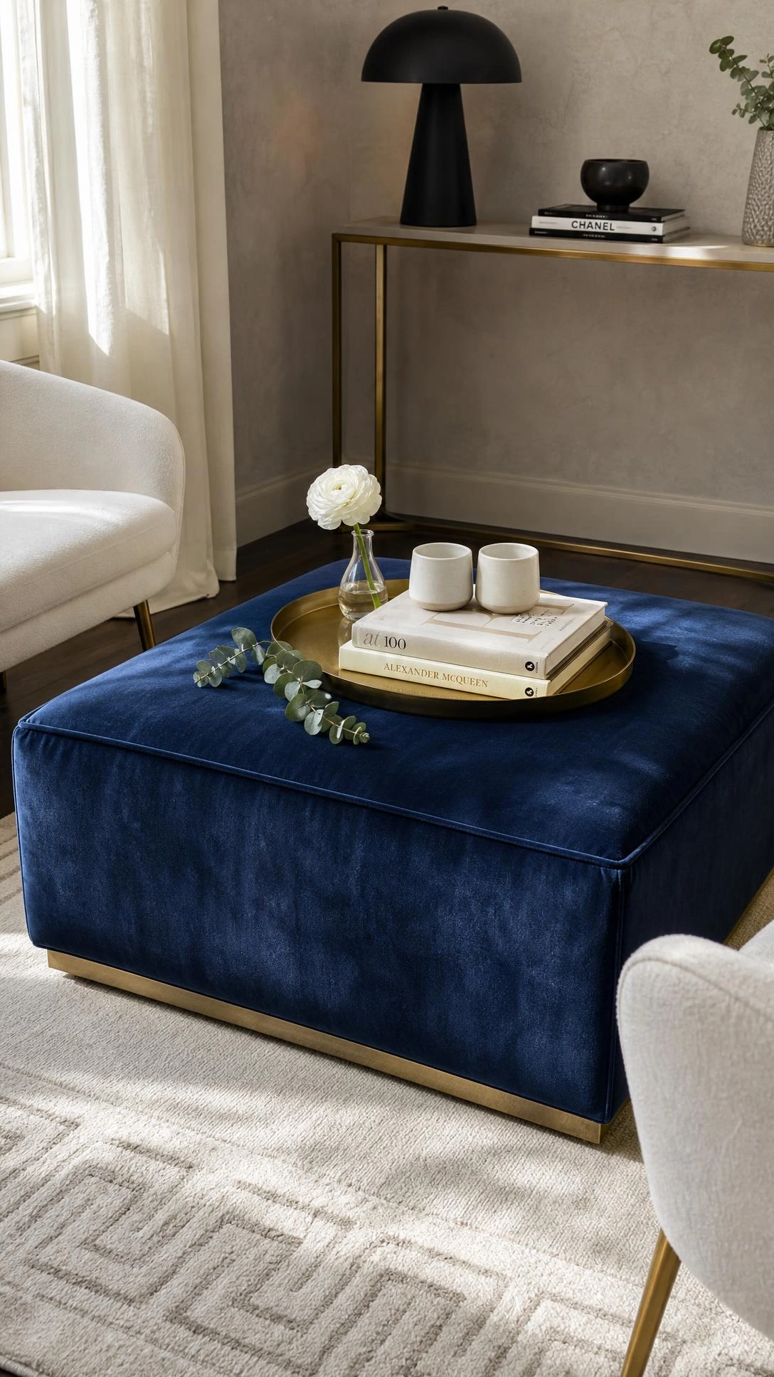 Deep sapphire velvet ottoman styled as a coffee table in a small formal living room, topped with a polished brass tray — proving multifunctional furniture can look expensive