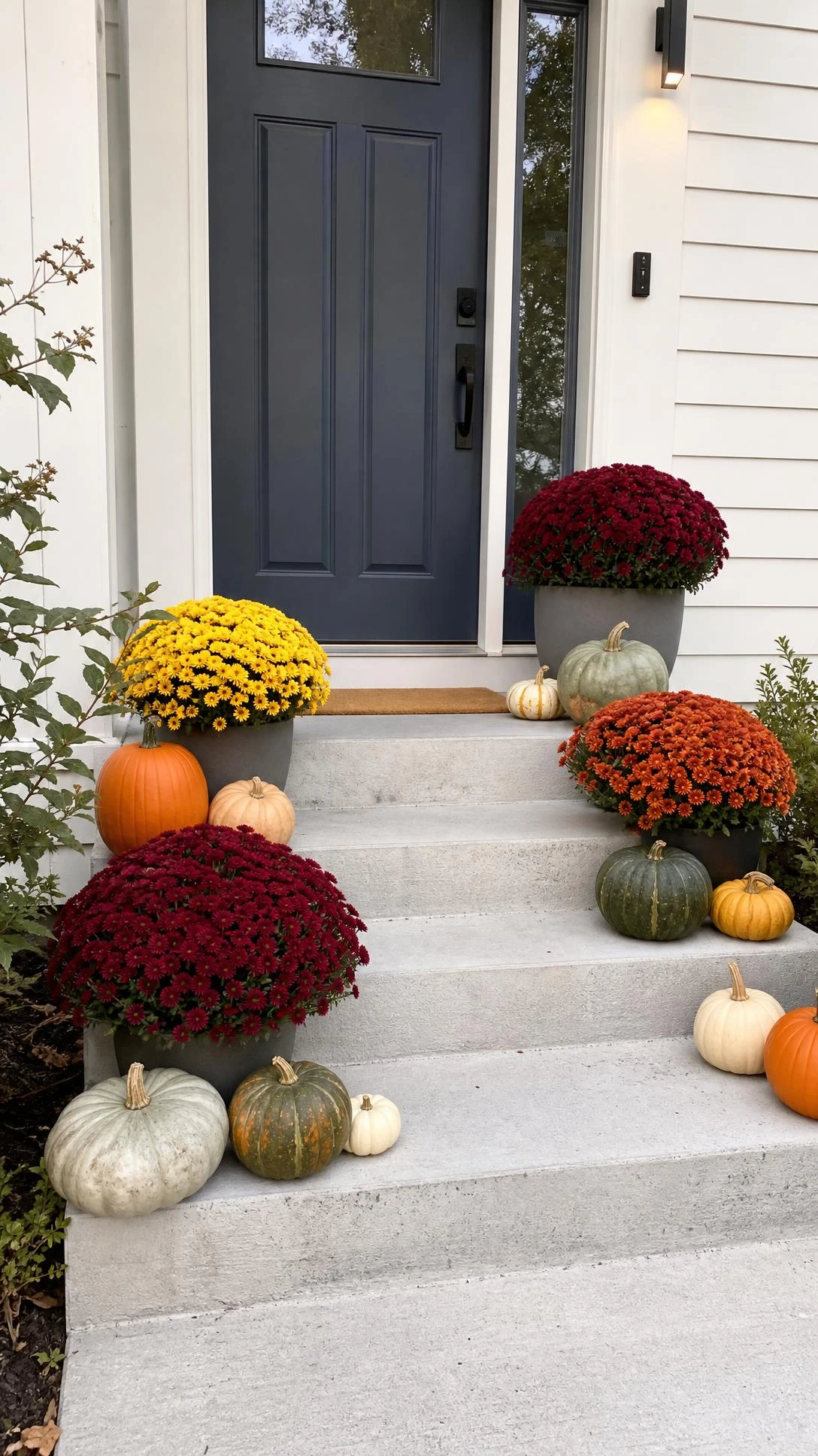 Mums and pumpkins on steps frame a modern front door, with burgundy, yellow, and orange potted blooms layered across painted concrete entry steps.