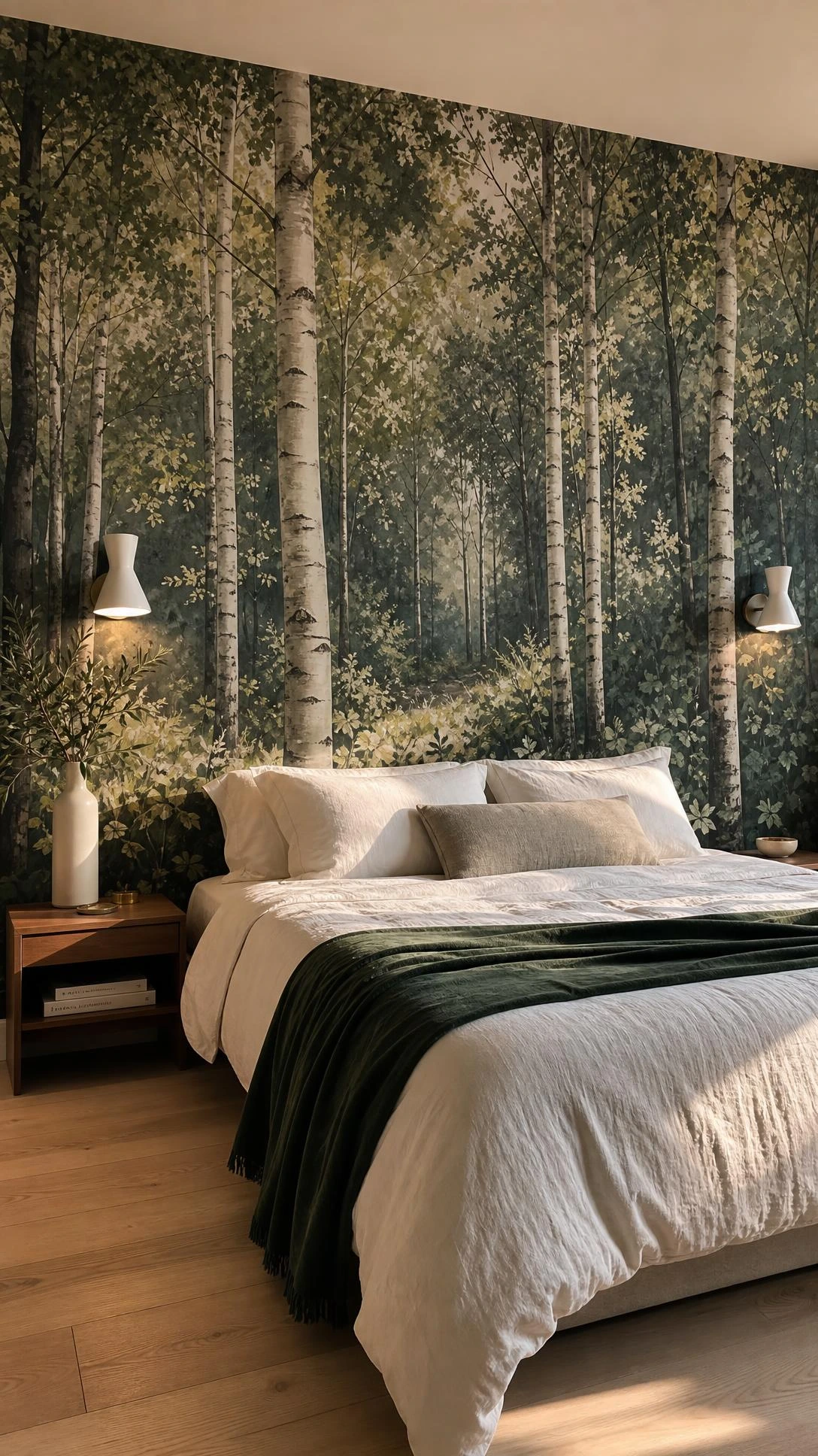 Bedroom feature wall covered in floor-to-ceiling mural wallpaper showing towering birch trees with silver bark and layered emerald foliage creating an immersive forest atmosphere