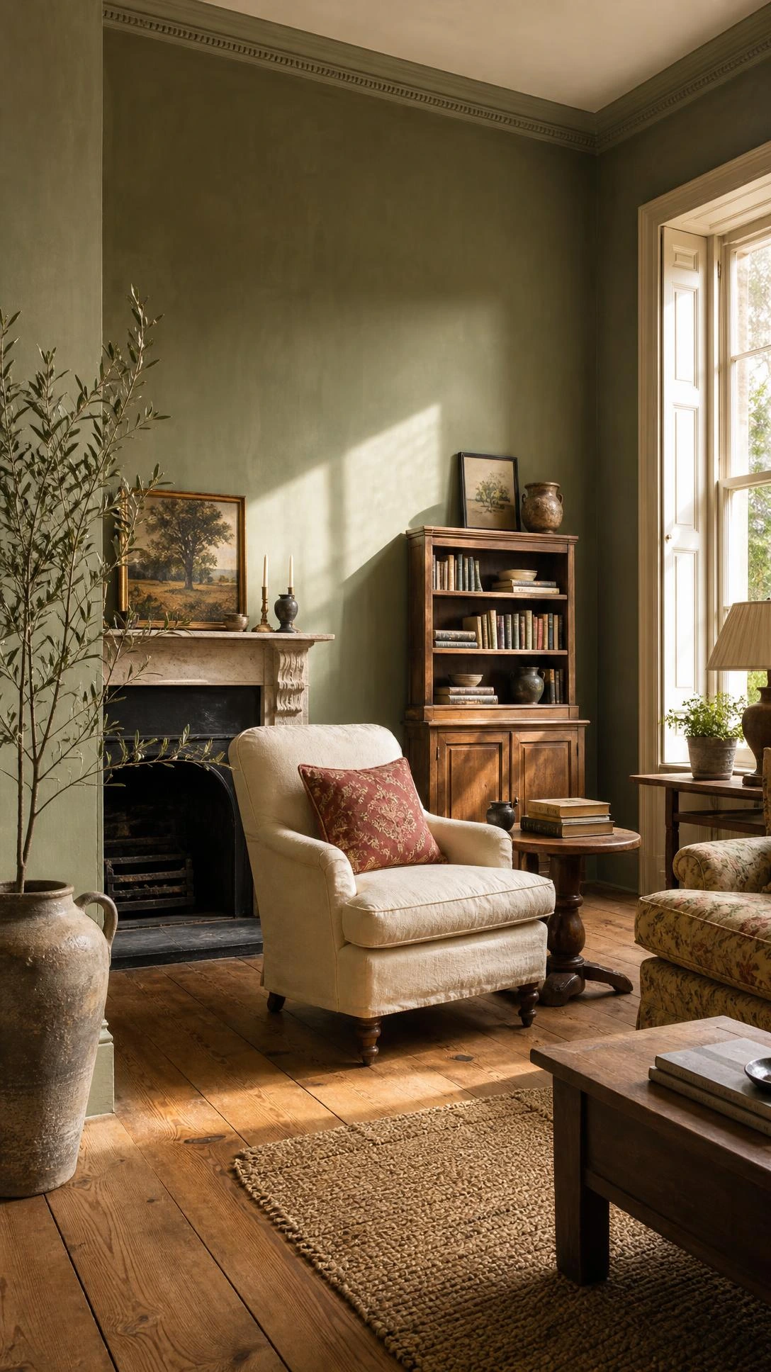 Full English countryside living room with muted sage green walls in warm natural daylight, showing how earthy wall colors anchor a cozy old world interior