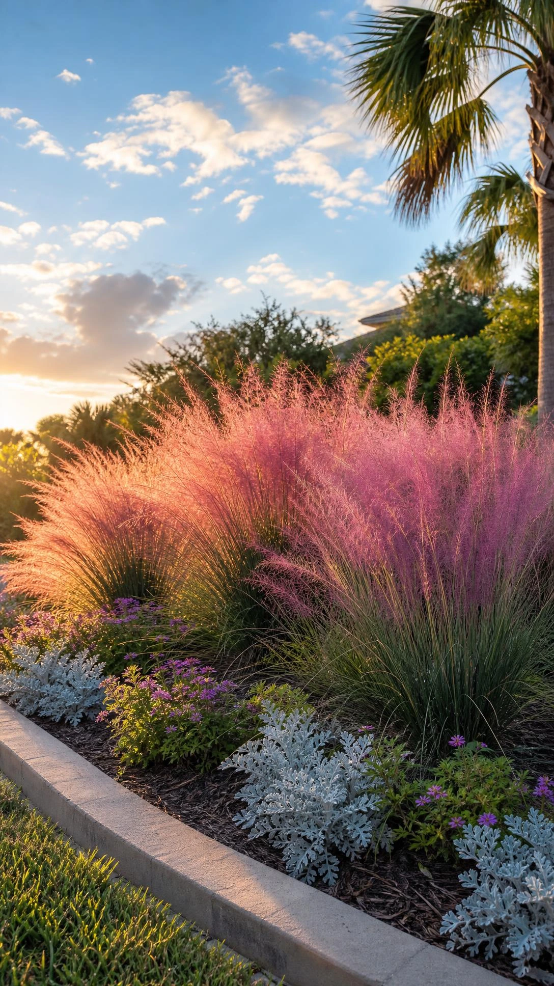 Billowing native Muhly grass glowing pink-purple in a Florida residential garden bed during golden afternoon autumn light, proving low-maintenance landscaping can still be stunning