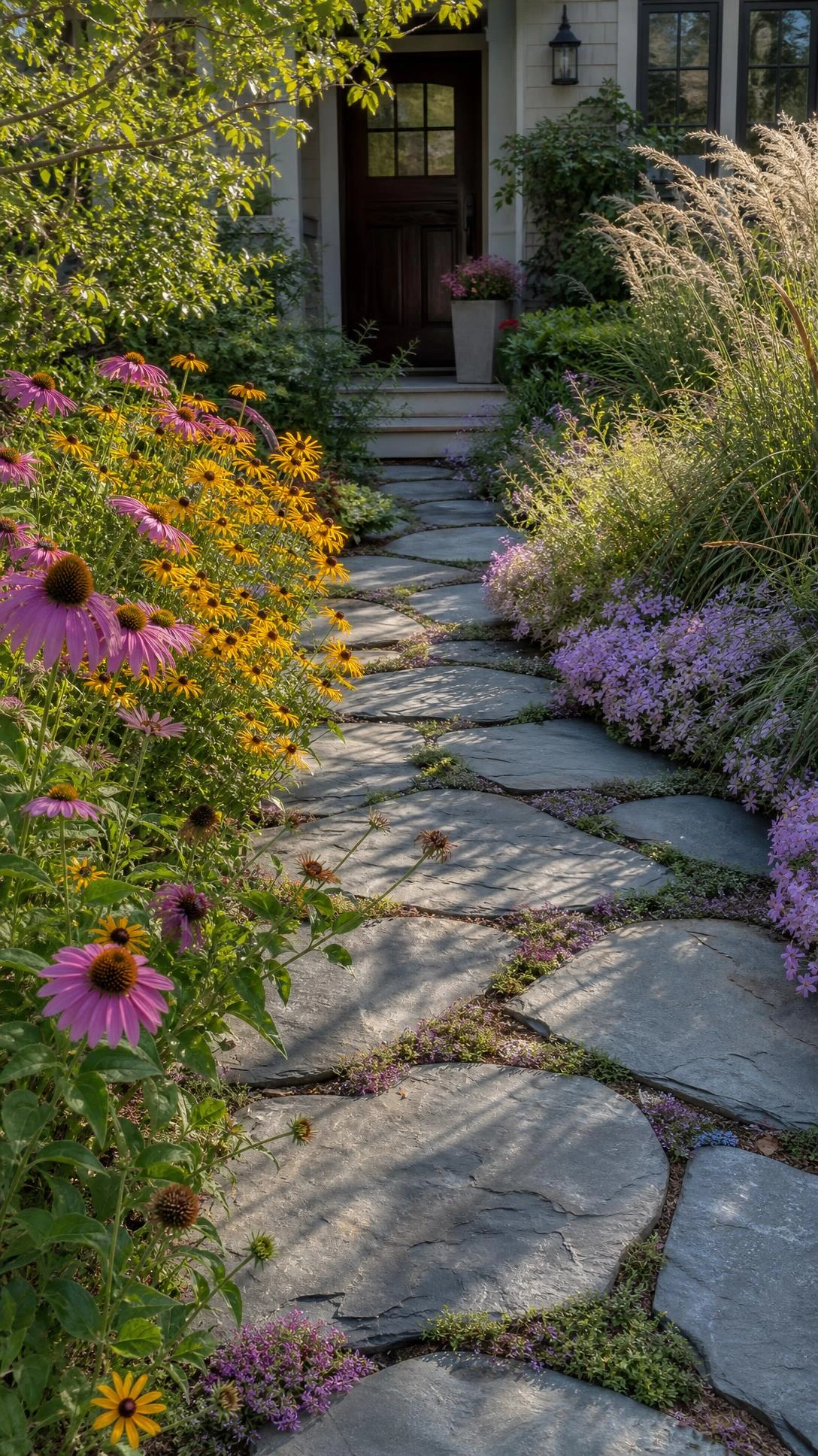 Irregular blue-gray slate flagstone path flanked by lush native plant borders leading to a welcoming front door, showing how native walkways to front door landscaping create effortless curb appeal