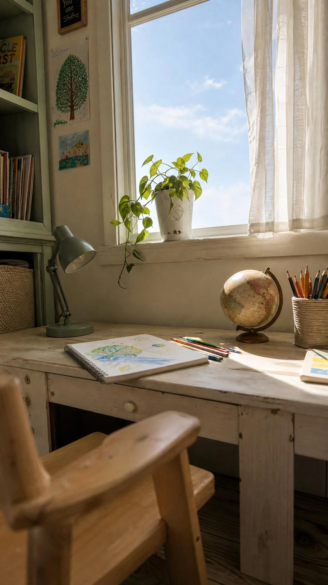 Child's wooden desk positioned directly under a wide sunlit window, with warm golden daylight streaming down and casting soft shadows — natural light learning corner setup