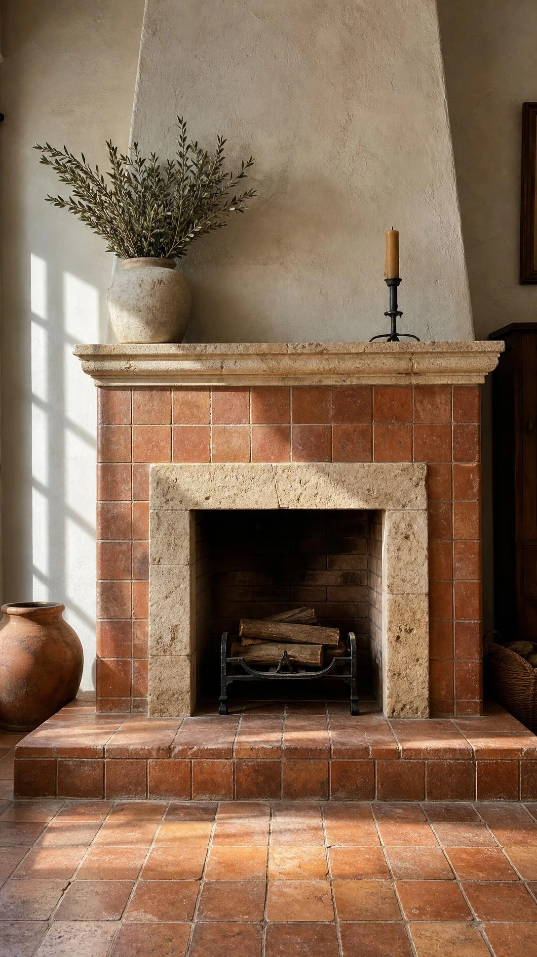 Aged terracotta tile fireplace surround with rough-hewn travertine stone blocks in an Italian living room, warm sienna tones glowing in afternoon light