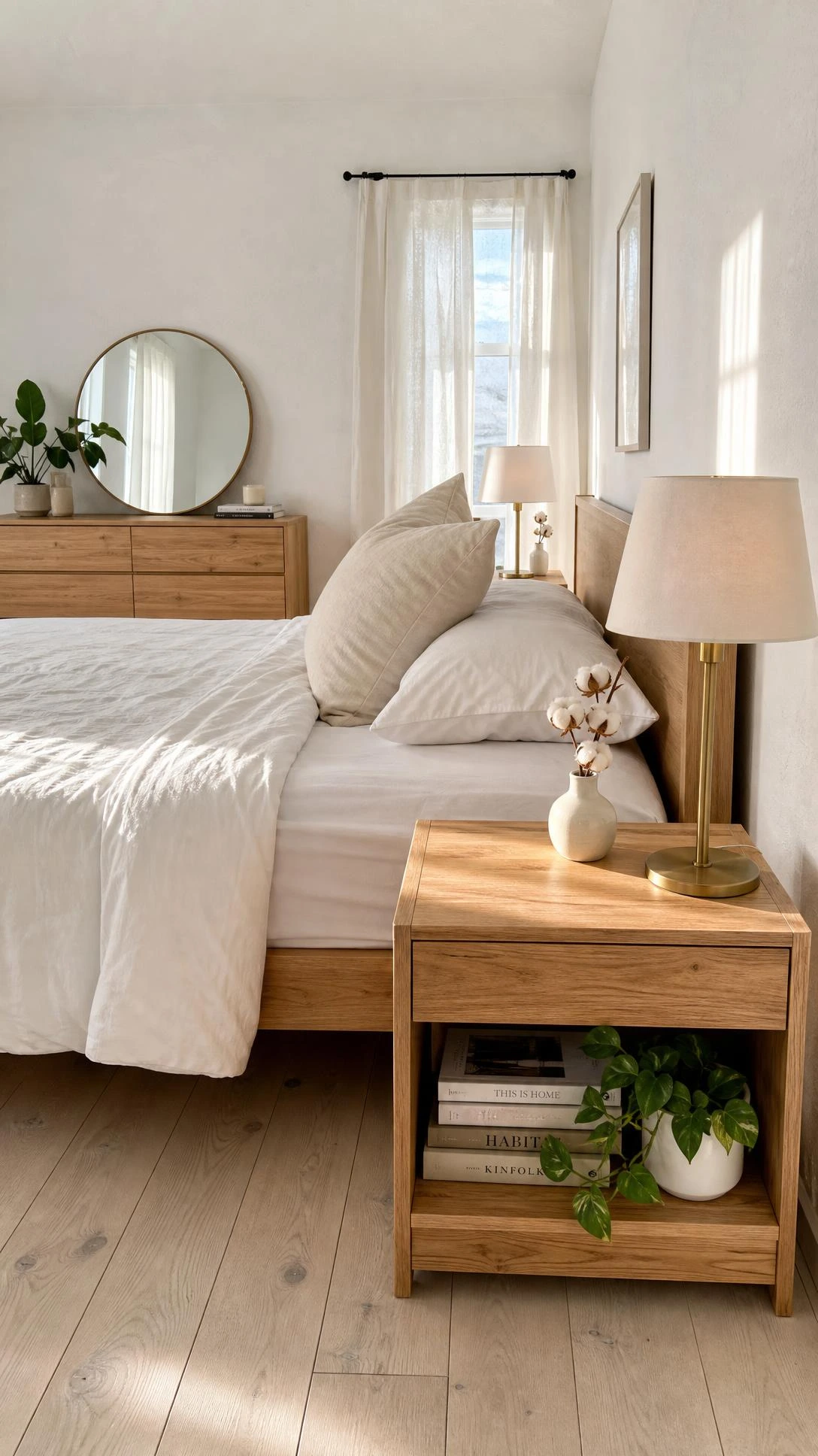 Natural light oak wood nightstands flanking a white and beige bed in warm daylight, showing how natural wood furniture grounds a serene neutral bedroom