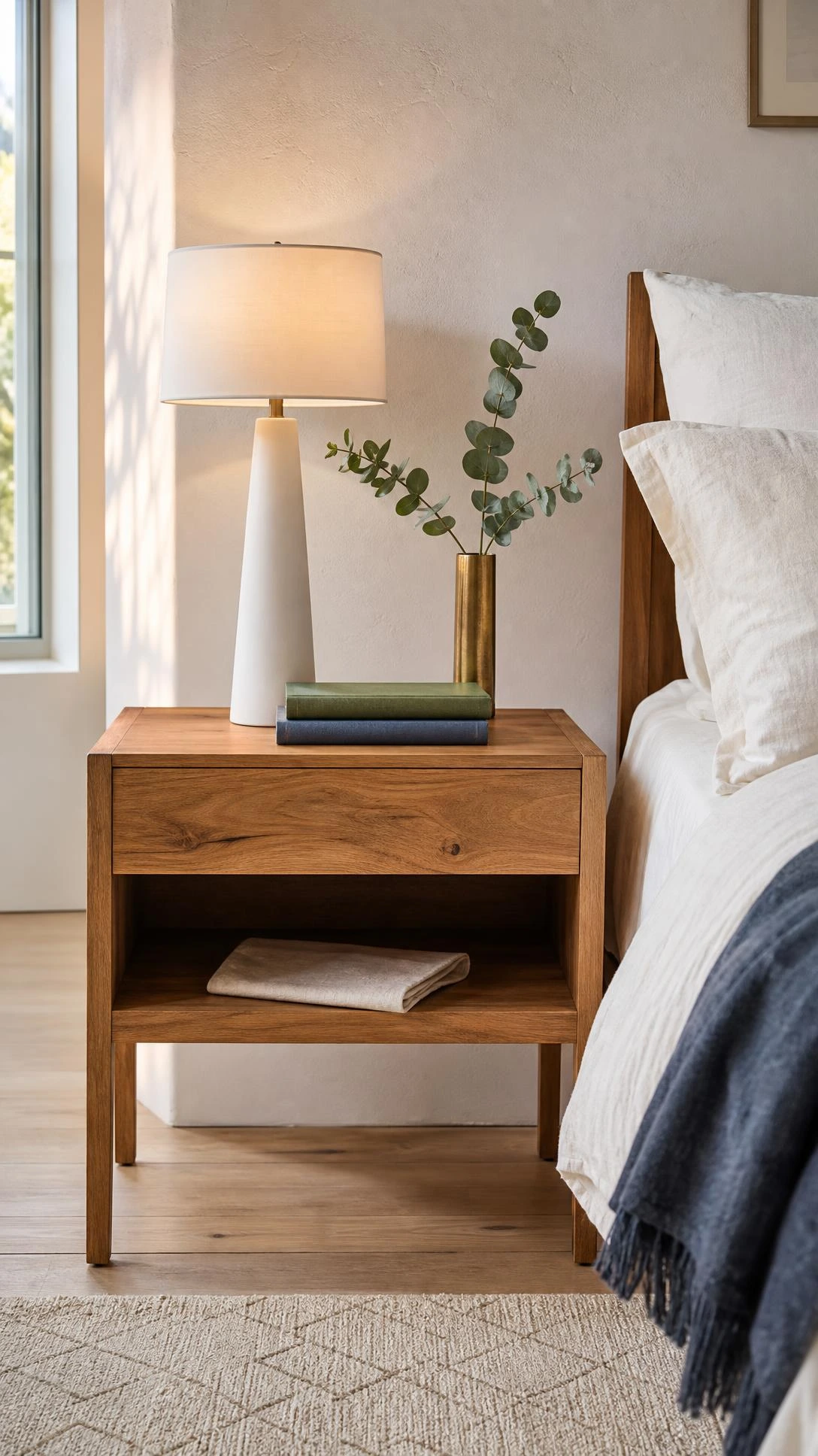 Honey oak nightstand with visible wood grain and matte finish catches warm window light in a modern luxury master bedroom