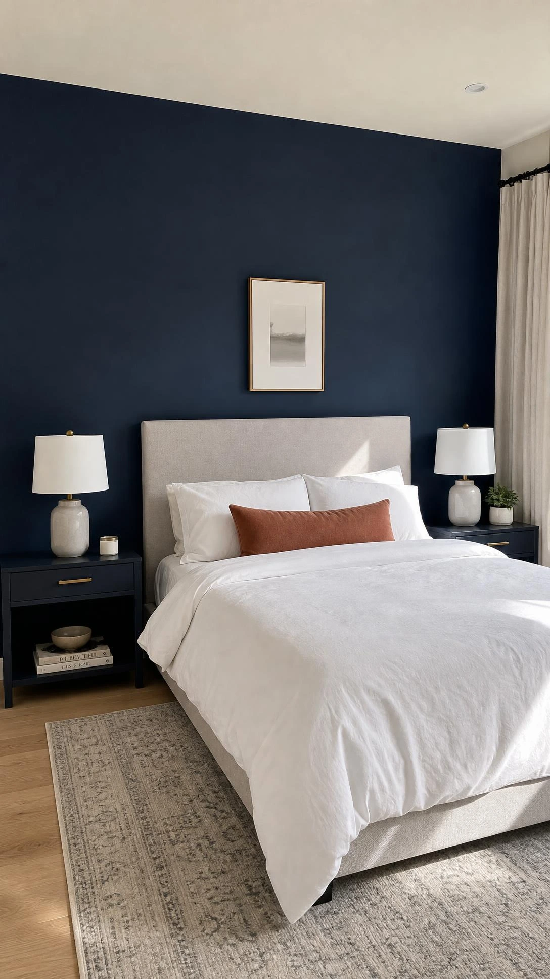 Deep navy accent wall behind a queen bed with a warm-gray upholstered headboard anchors this contemporary navy bedroom idea.