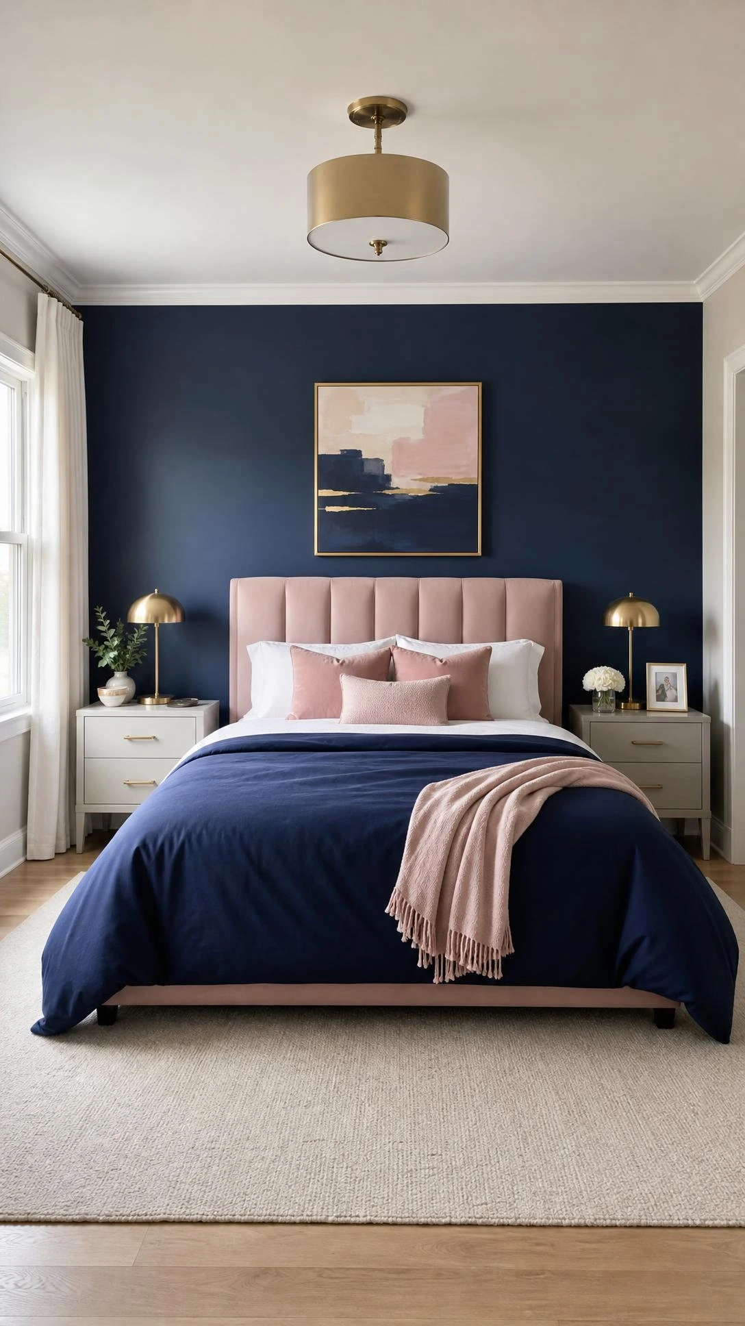Symmetrical navy bedroom with a blush pink velvet headboard, brass accents, and layered white bedding shows a polished color mix.