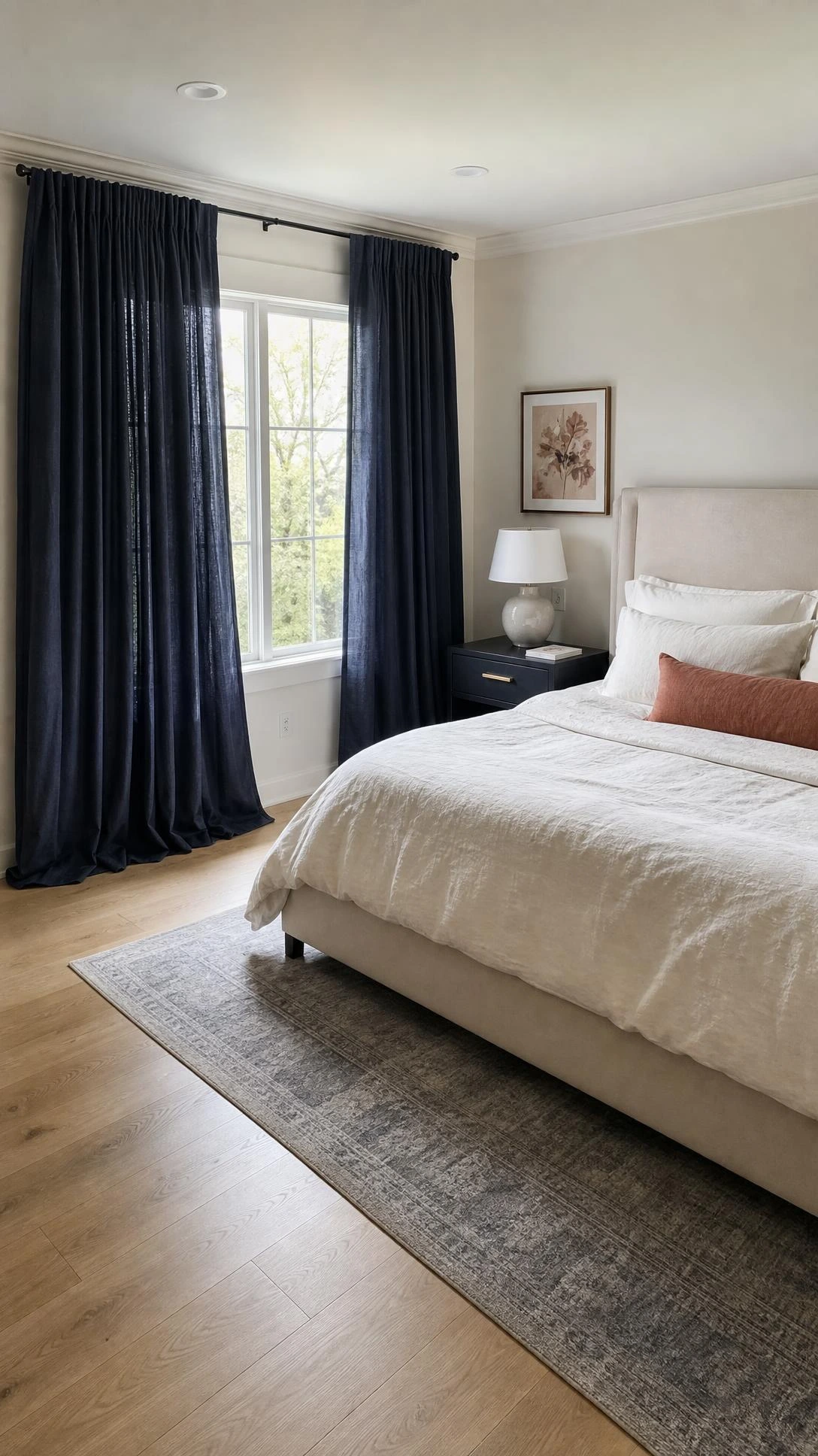 Navy Bedroom Ideas come to life with floor-length navy linen curtains framing a large window, their soft weighted folds grounding the modern bedroom.