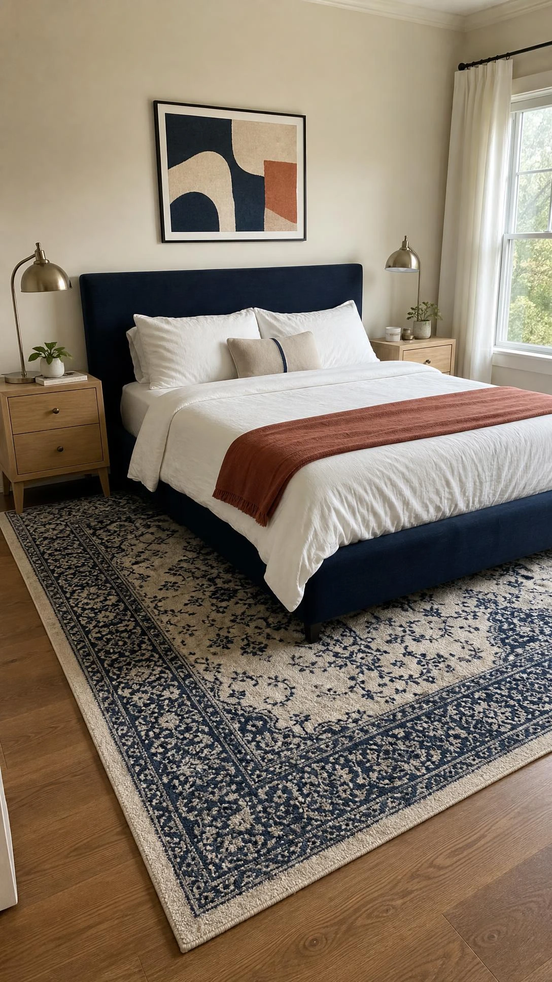 Low upholstered bed over a navy and oatmeal area rug that extends beyond the sides and foot, anchoring these Navy Bedroom Ideas.