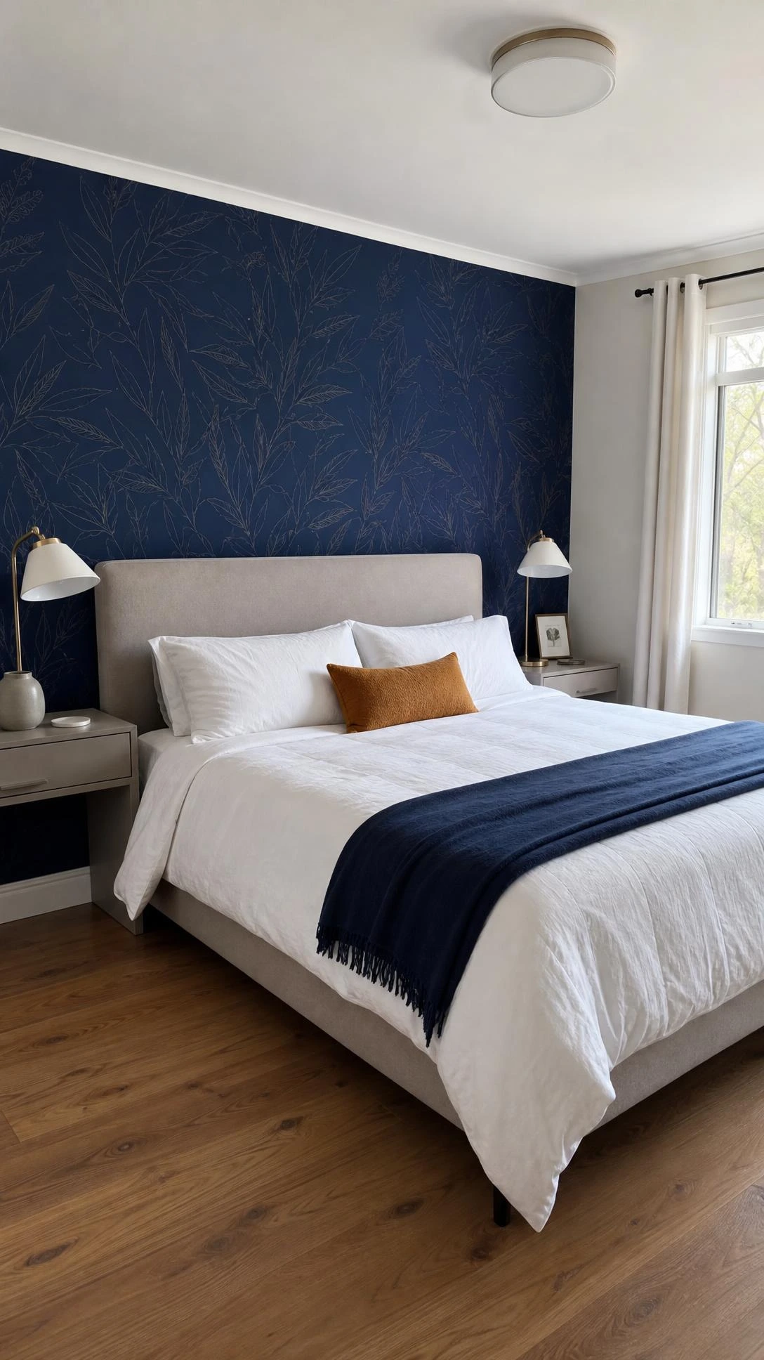 Contemporary bedroom with a deep navy wallpaper feature wall behind the bed, showing a refined modern pattern that anchors navy bedroom ideas.