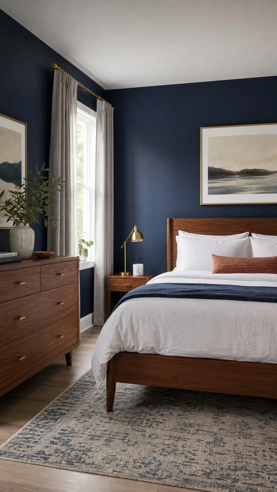 Deep matte navy walls anchor a contemporary bedroom with warm walnut bed and dresser, a standout Navy Bedroom Ideas look softened by white bedding and gray curtains.