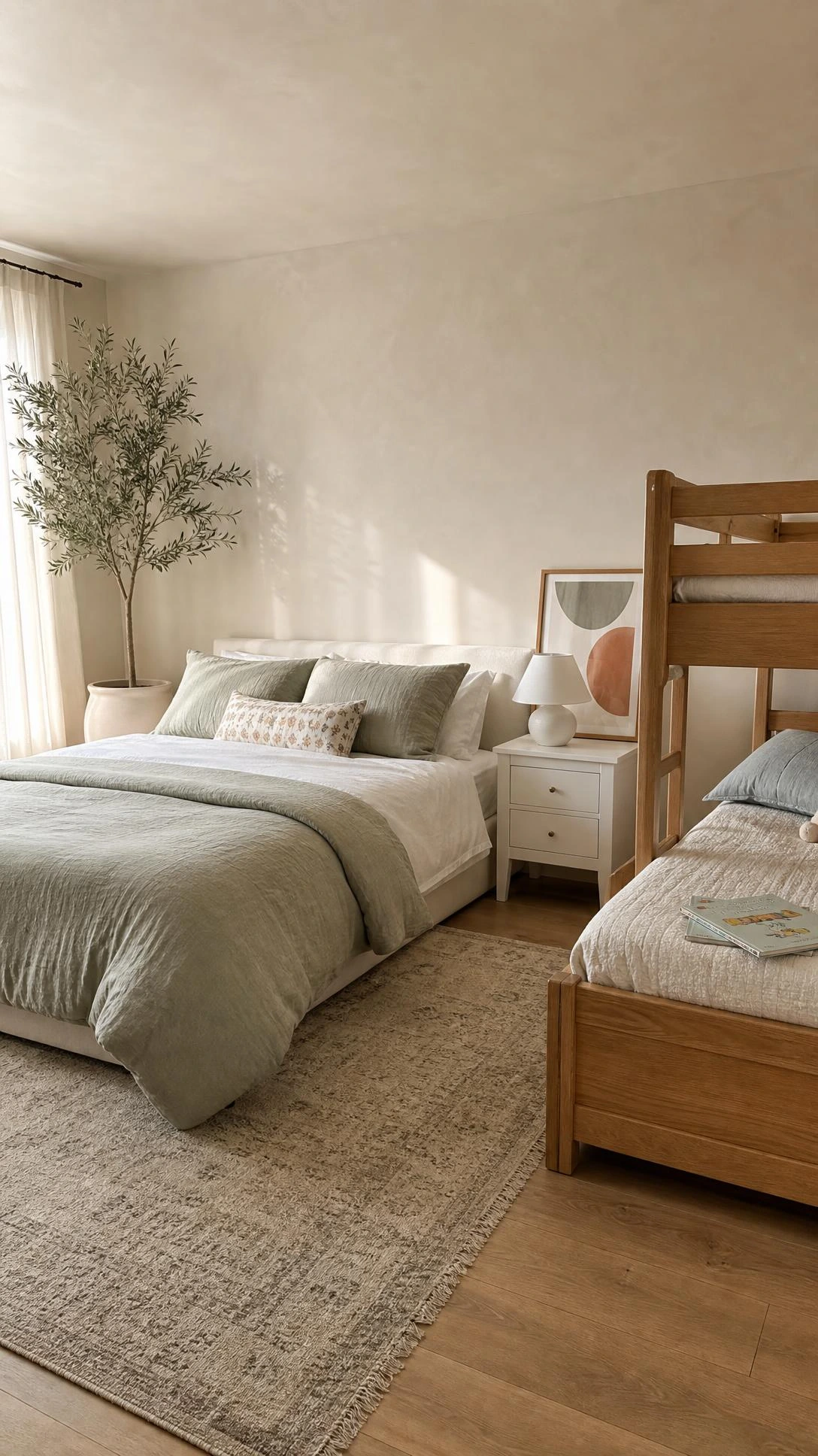 Shared kids-and-adults bedroom with warm greige-white walls creating a calm, sophisticated base that keeps the space feeling grown-up despite dual use
