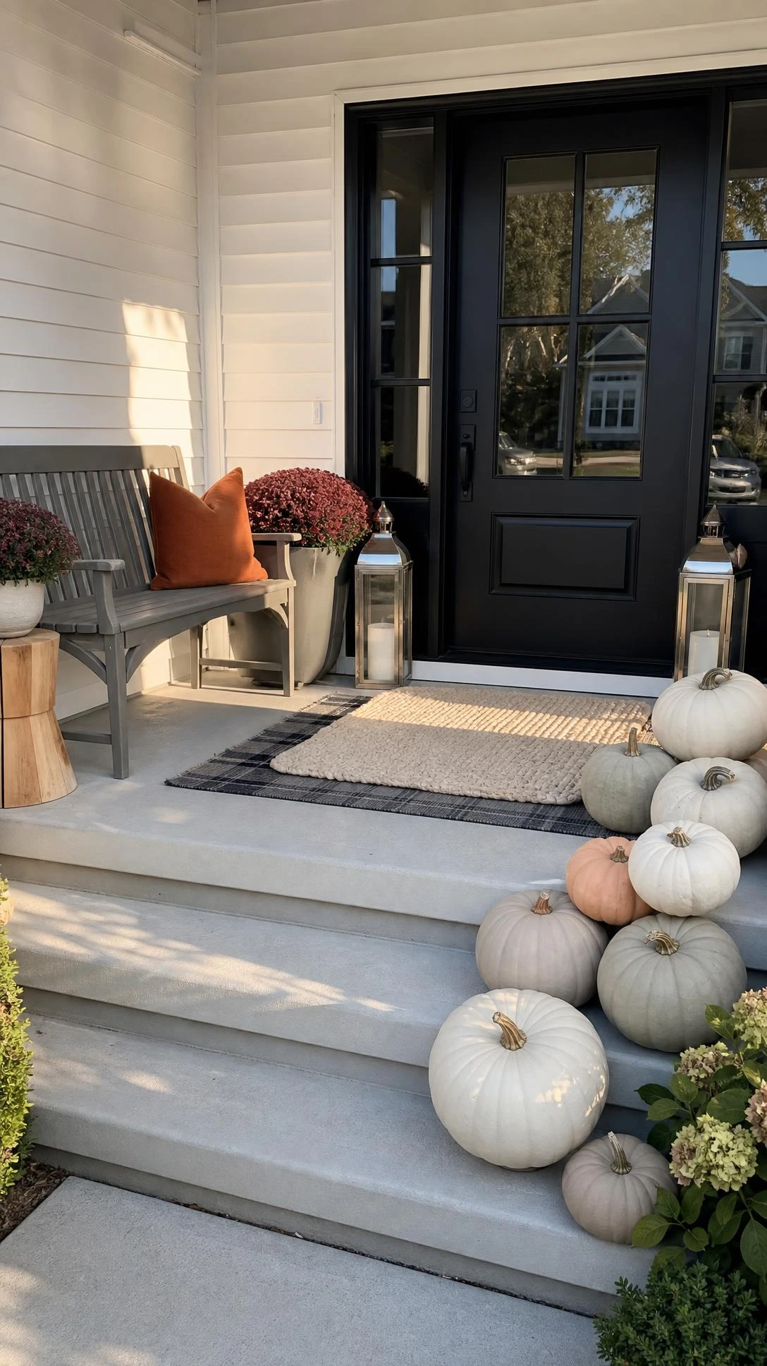 Neutral pumpkin color palette on a suburban front porch with white, taupe, and blush-beige pumpkins styled on steps by a black door.