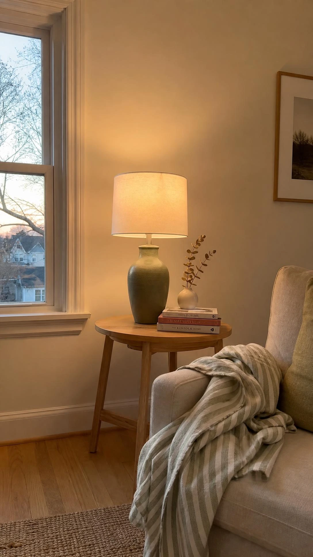 Budget-friendly sage green ceramic table lamp with white linen shade casting warm golden light in a cozy living room corner