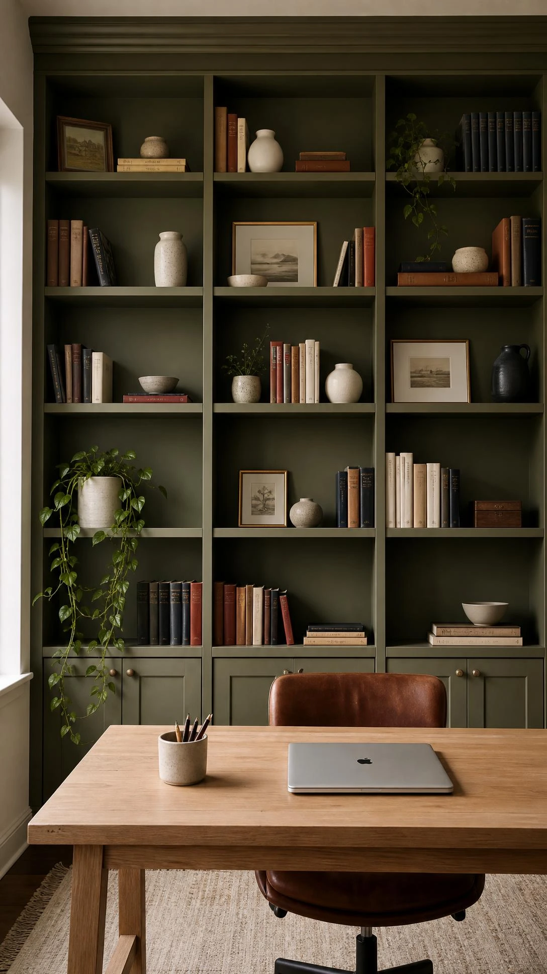 Floor-to-ceiling built-in bookshelf painted in deep matte olive green, back panel included, creating a rich earthy focal wall in a home office