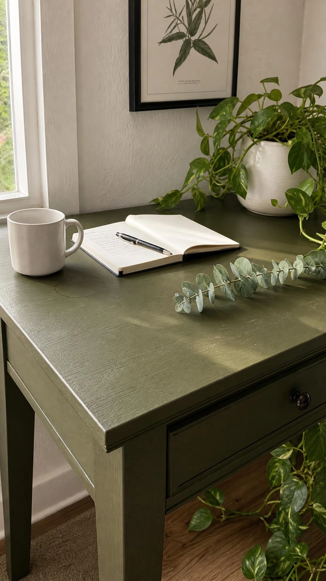 Matte olive green painted wooden desk surface in a sunlit home office corner, showcasing the earthy tone as a bold statement piece for a fresh workspace