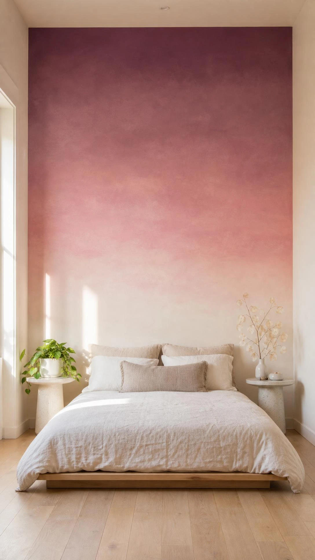 Bedroom feature wall with ombre gradient paint blending from deep dusty violet at the ceiling through lavender and blush pink to warm white at the baseboard