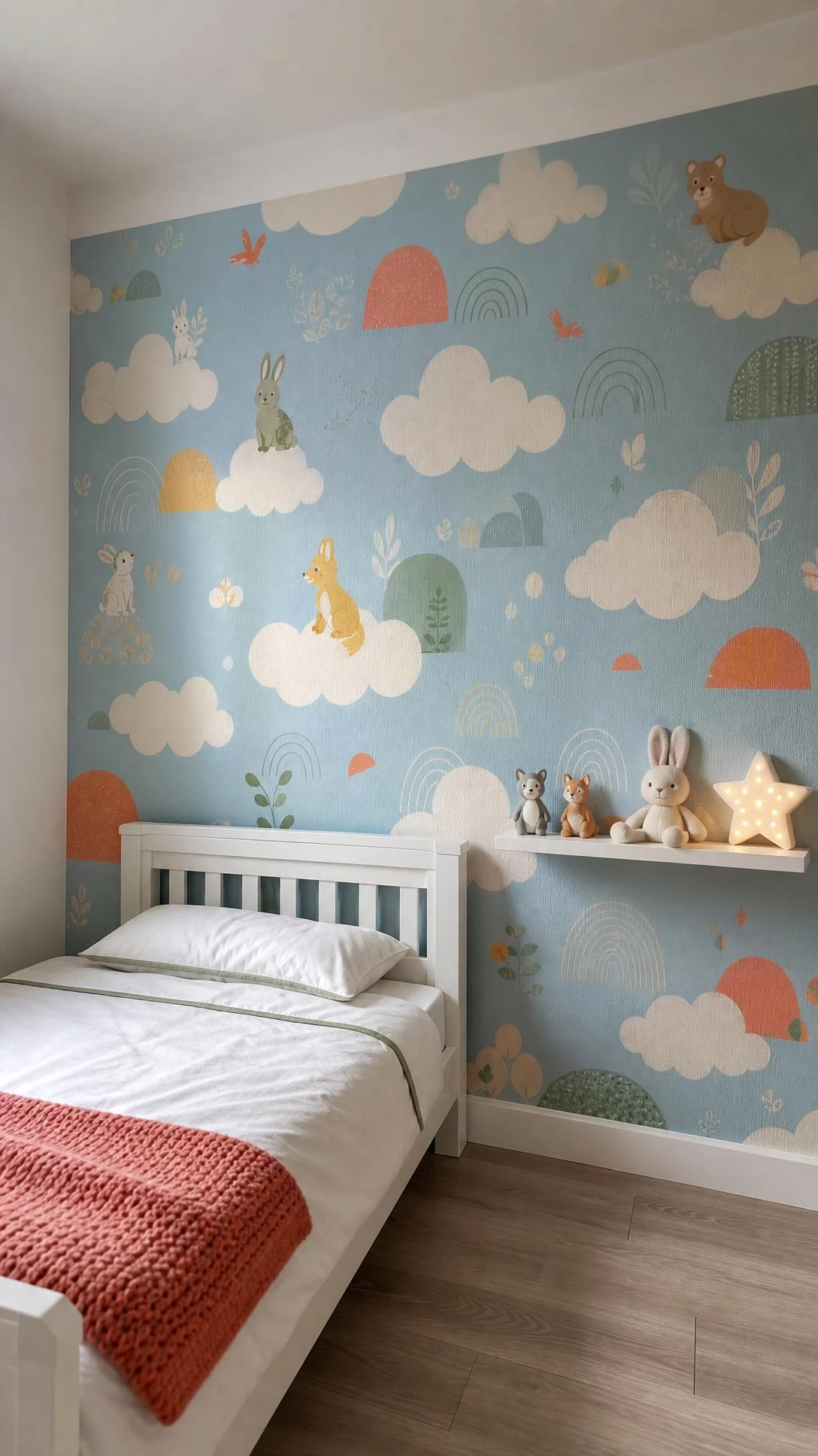 Toddler small bedroom with floor-to-ceiling sky-blue wallpaper accent wall featuring illustrated clouds, animals, and pastel geometric shapes in coral, sage, and yellow